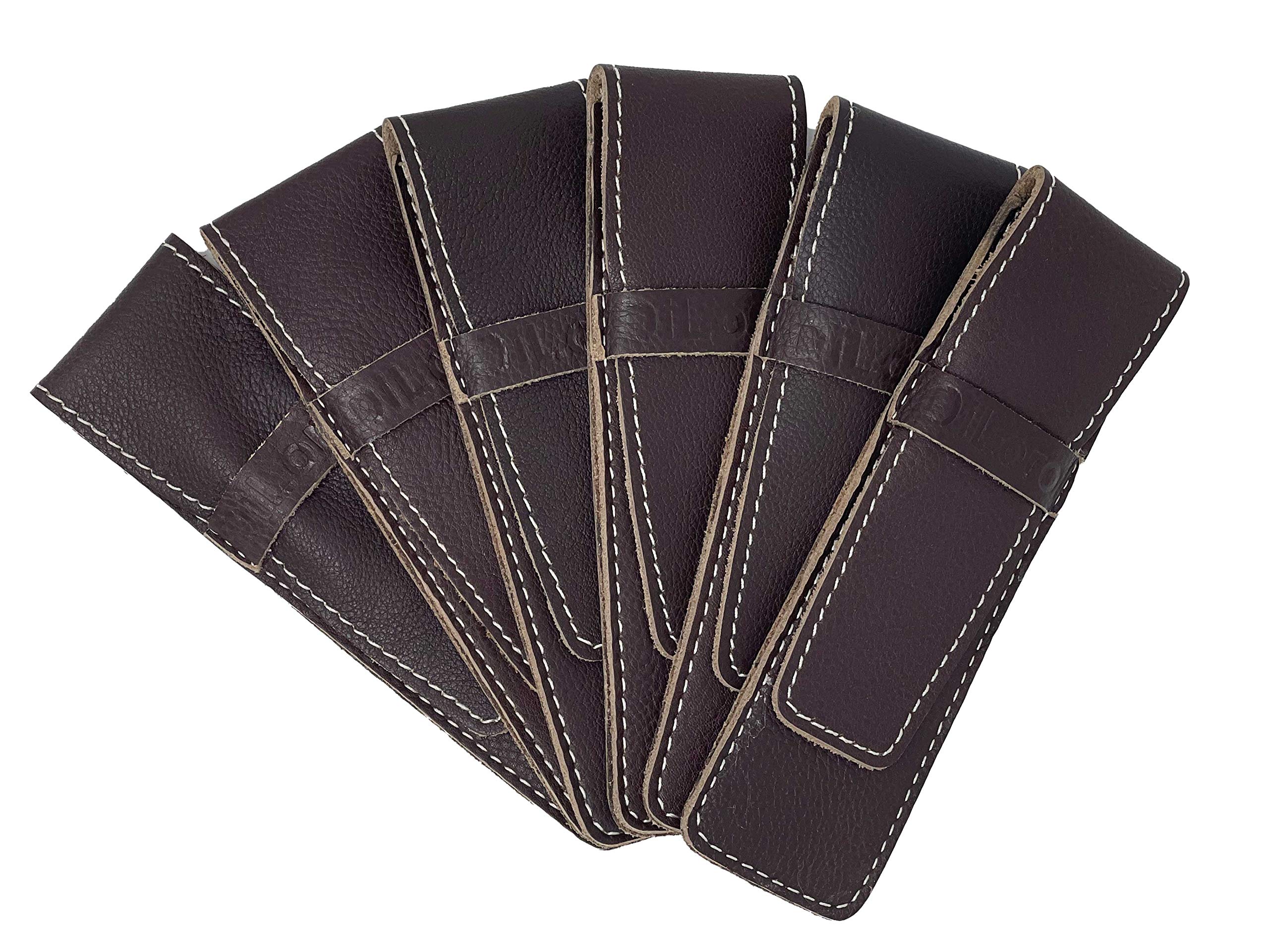 Genuine Leather Pen Case Holder - 6 Pack, Brown Cowhide for Office & School