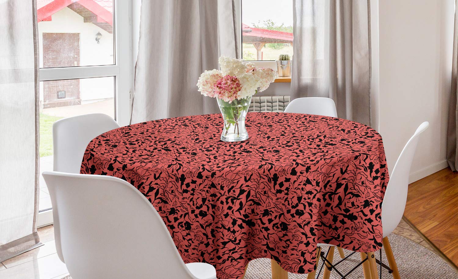 Ambesonne Victorian Round Tablecloth - Monochromatic Floral Leaves Tulips Irises Design, 60 Inch Circle Table Cover for Dining Room & Kitchen Decor in Coral Charcoal Grey | Perfect for Holiday Dinners, Tea Parties & Formal Dining Events