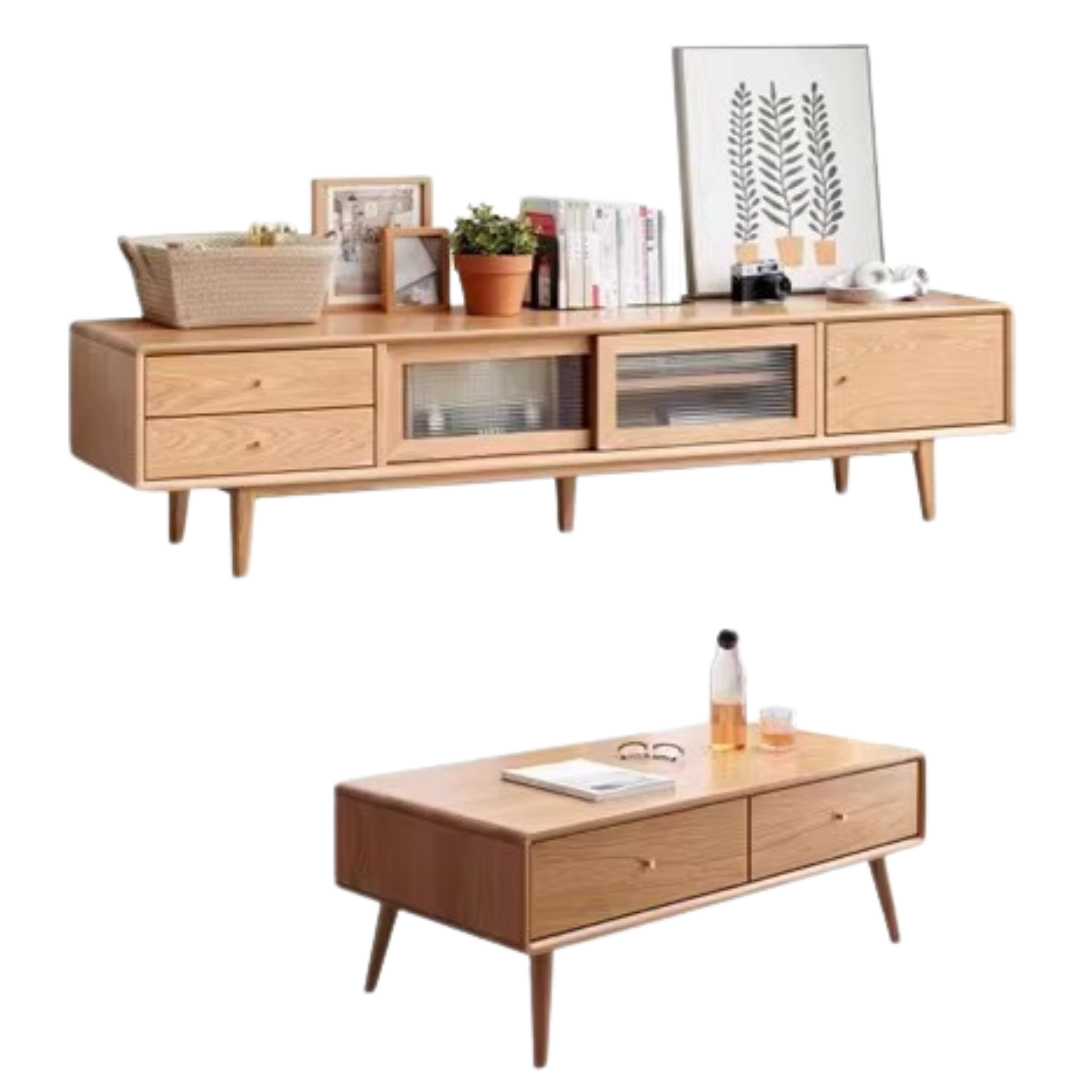 Solid Oak Wood TV Stand with Sliding Doors - Modern Entertainment Center for Living Room, Bedroom & Home Theater