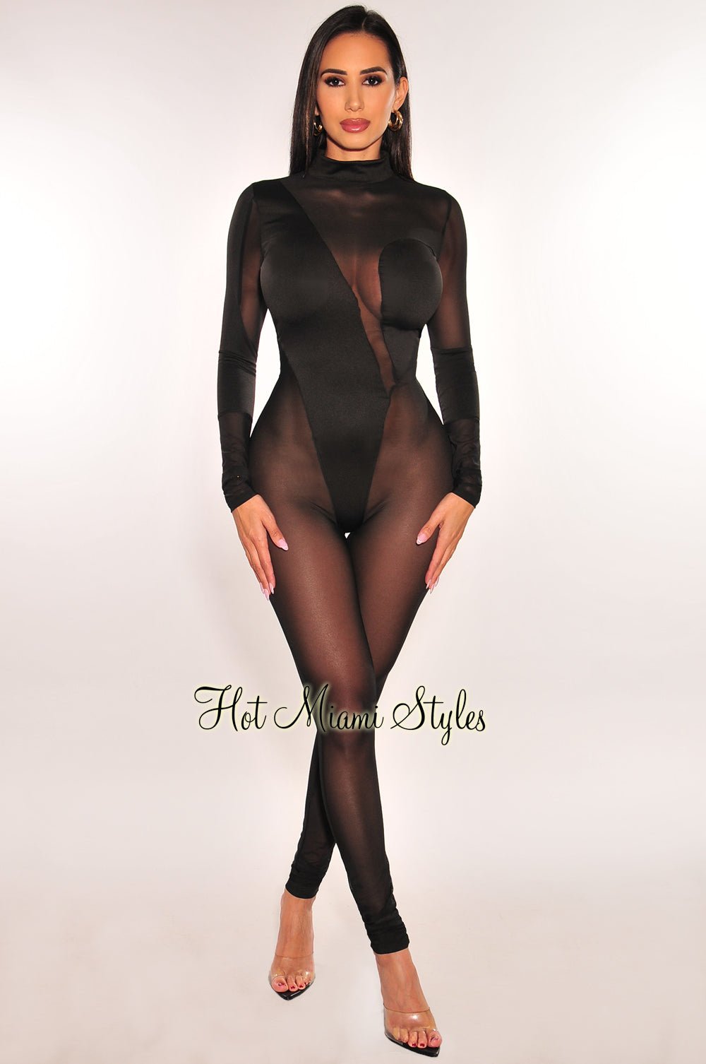 Black Mock Neck Sheer Mesh Long Sleeve Jumpsuit for Women - Elegant Bodycon Romper with Stretchy Fabric | Perfect for Night Out, Party, and Special Occasions
