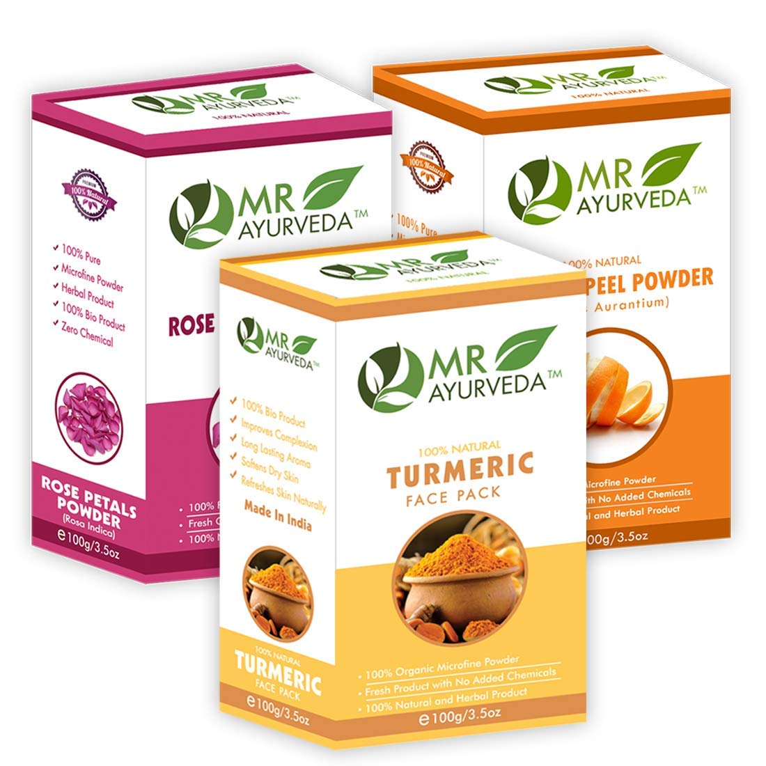 MR Ayurveda 100% Natural Rose Petals Powder, Turmeric Face Pack Powder & Orange Peel Powder - 3-Pack (100g Each) for Glowing Skin, DIY Face Masks & Natural Beauty Treatments