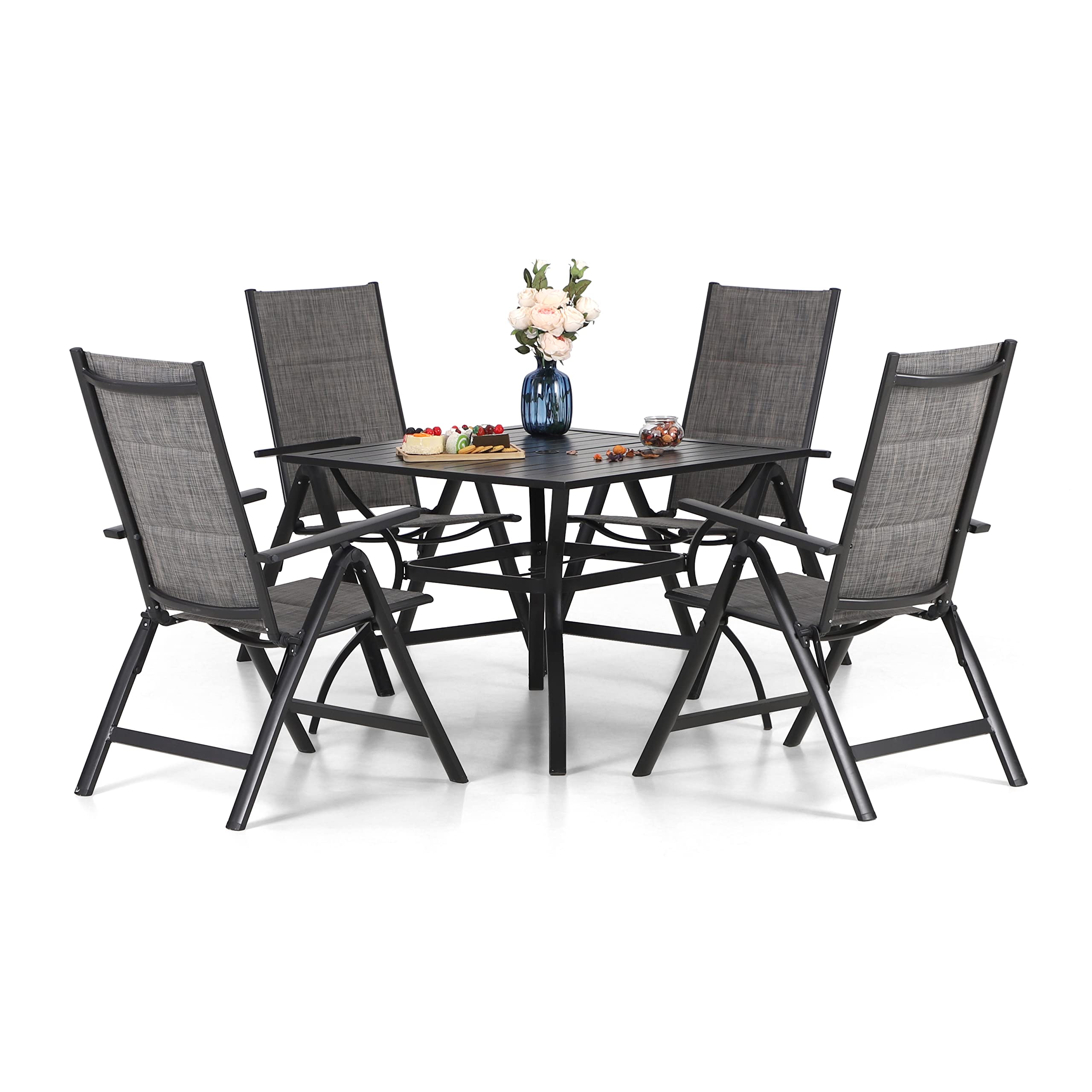 PHI VILLA 4-Piece Outdoor Dining Set - Square Metal Patio Table with 4 Foldable Padded Chairs & Adjustable Backrest - Weather-Resistant Garden Furniture for Backyard, Deck, Poolside or Balcony Dining