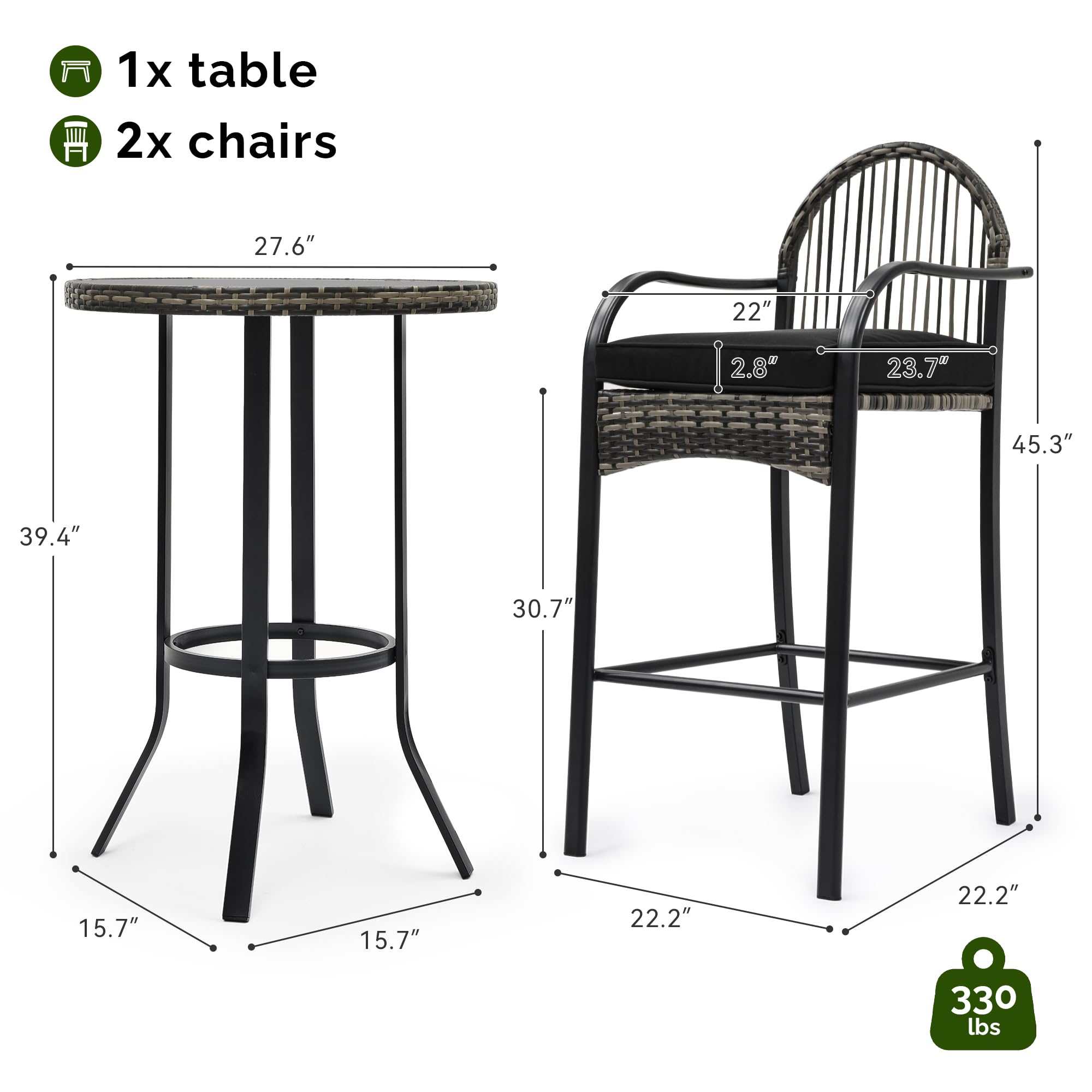 YITAHOME 3-Piece Outdoor Wicker Bar Height Set with Cushioned Barstools - Black Patio Bistro Furniture for Balcony, Poolside, Garden & Backyard - Perfect for Entertaining, Relaxing & Outdoor Dining