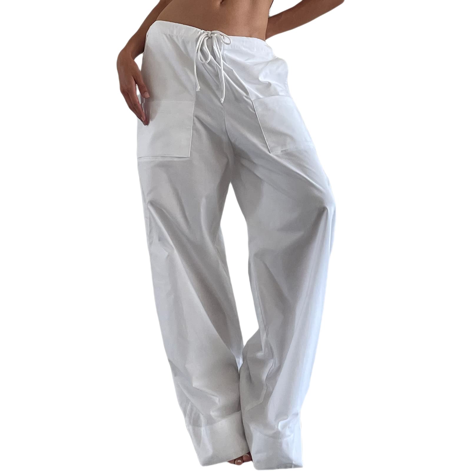 Women's Casual Solid Color Wide-Leg Cargo Pants - Y2K Baggy Parachute Jogging Trousers with Drawstring Elastic Waist | Streetwear Fashion, Outdoor Activities, Lounge Wear