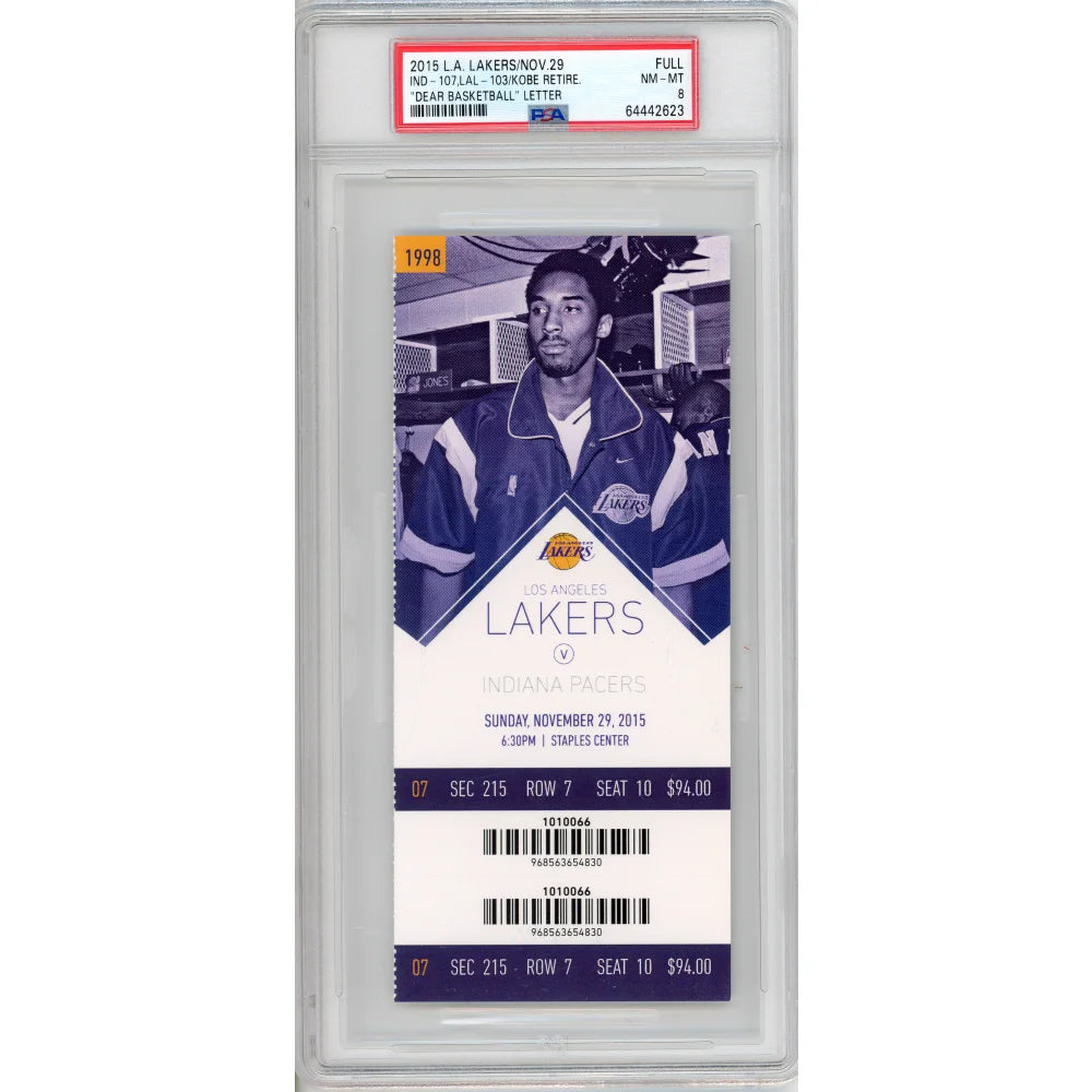 Kobe Bryant Dear Basketball Retirement Authentic Ticket 11/29/15 PSA 8 Lakers - Collectible Memorabilia for NBA Fans & Sports Collectors
