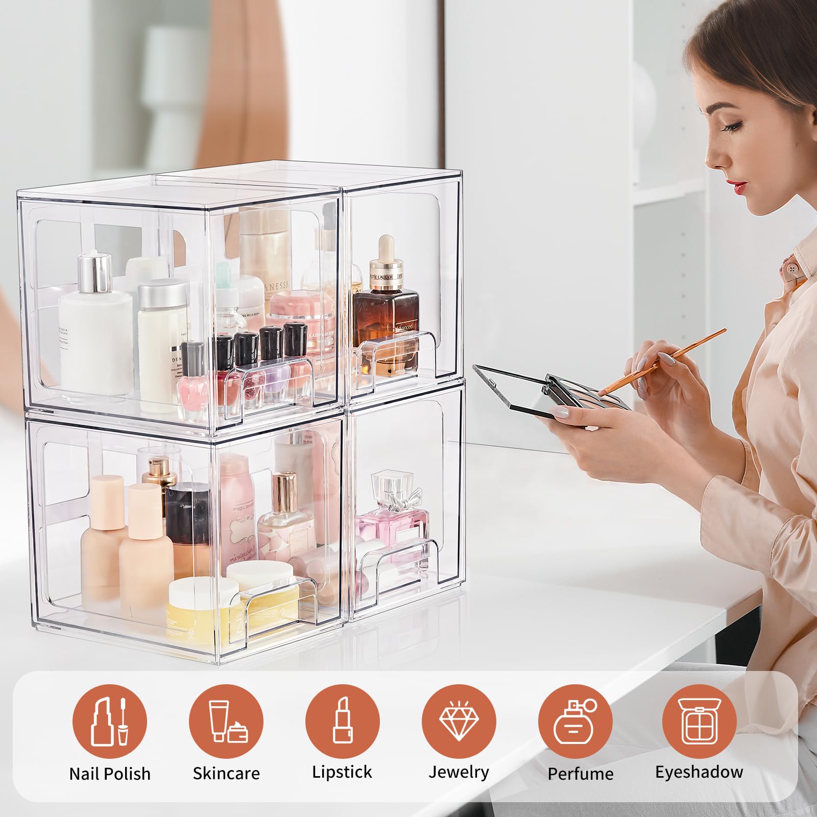 SMARTAKE 4-Pack Acrylic Makeup Organizer Drawers - Stackable Bathroom Storage for Vanity & Kitchen
