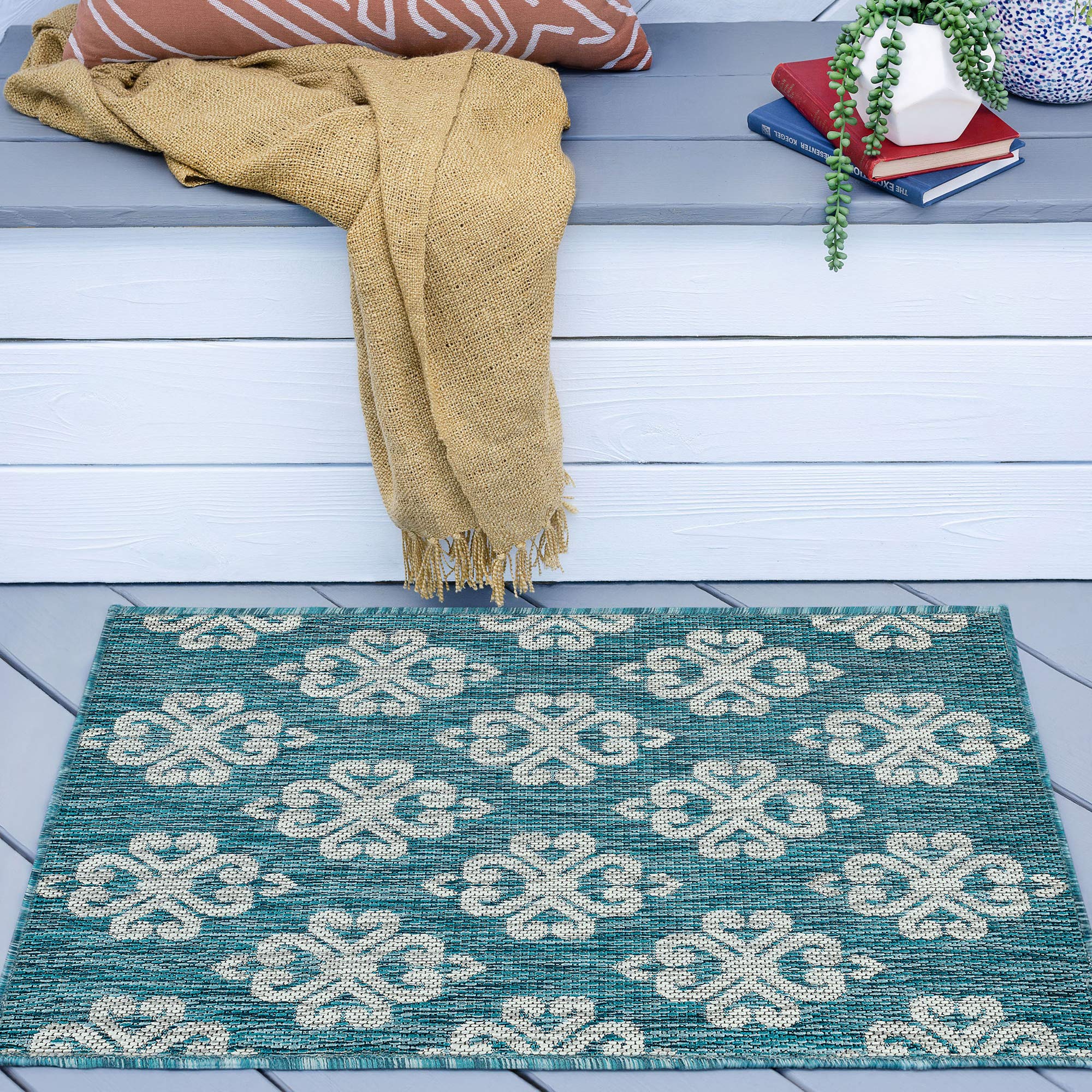 Teal Jute Waterproof 2x3 Indoor/Outdoor Rug - Durable Entryway, Patio, Deck, Porch, Kitchen, Garden Carpet | Perfect for Camping, Picnic Areas & Outdoor Gatherings | Alfombras para Exteriores