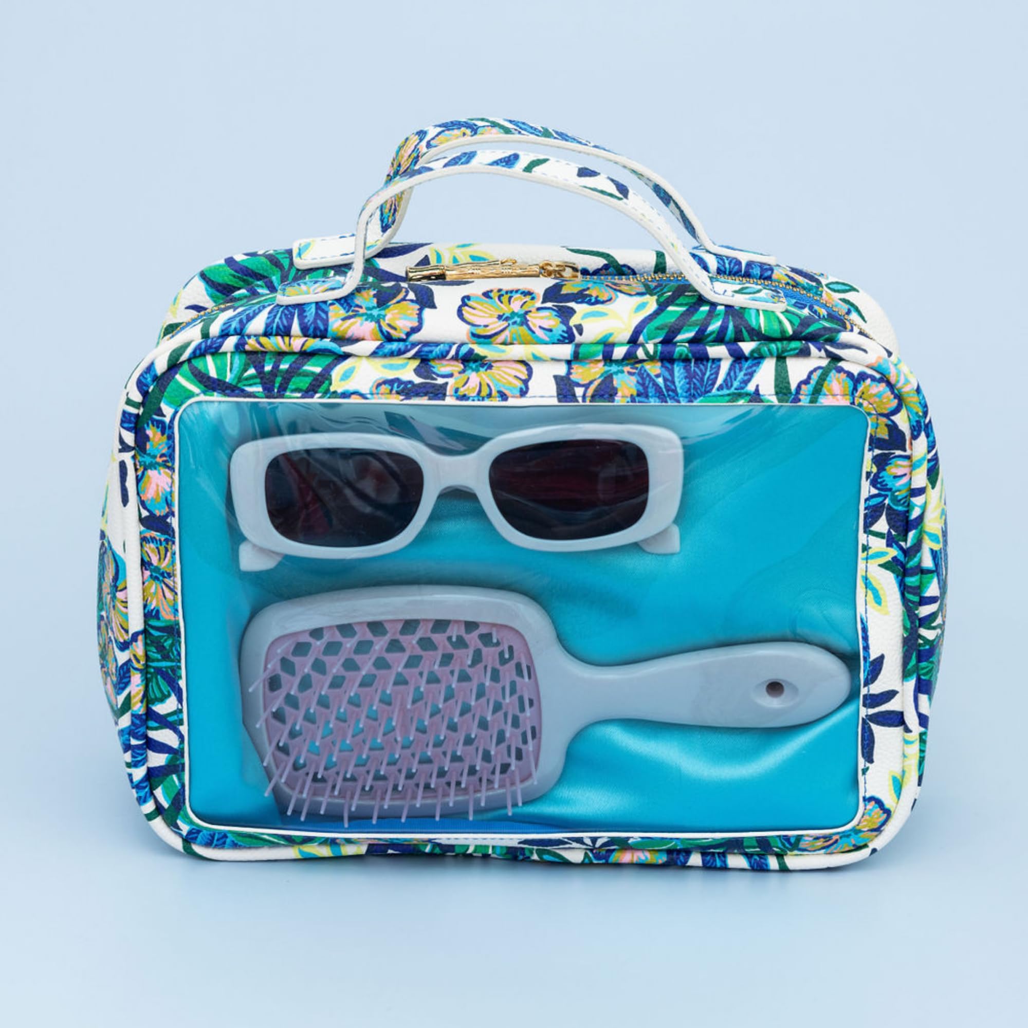 Lilly Pulitzer Cosmetic Bag with Two Zippered Pockets, Clear Vinyl Window & Handles - Waterproof Travel Toiletry Organizer & Makeup Case with Gold Accents | Perfect for Vacation, Gym, Weekend Getaways & Airplane Carry-On