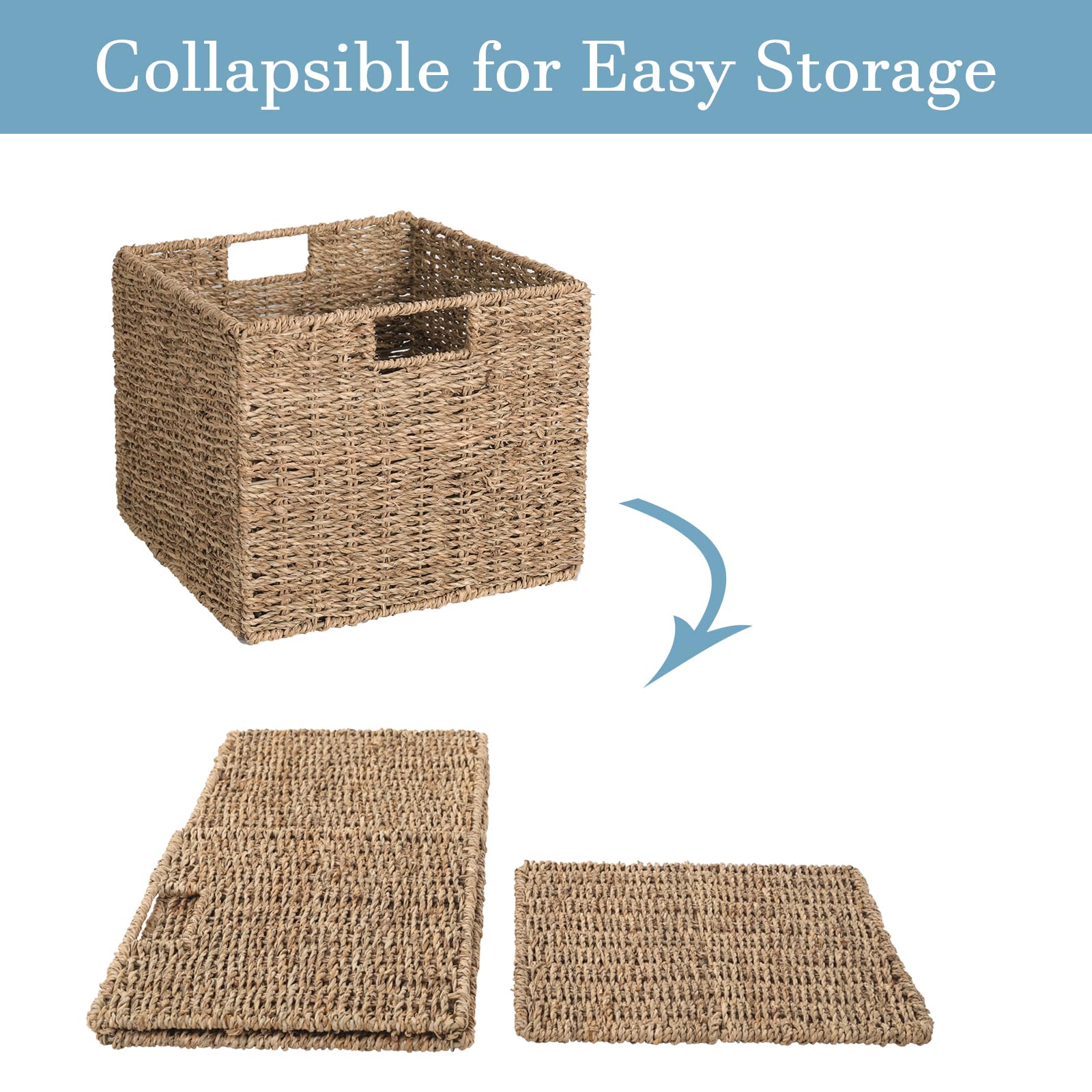 Seagrass Storage Baskets Set of 3 - 12x12x10 Inch Woven Cube Bins for Home Organization | Perfect for Pantry, Kitchen, Bathroom & Shelf Storage | Natural Fiber Decorative Baskets for Clutter-Free Living Spaces