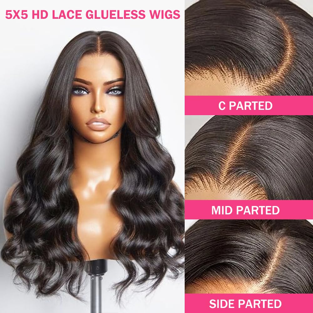 Glueless Human Hair Wigs for Black Women - 5x5 HD Lace Front Wig with Pre Plucked Body Wave, No Glue Needed, 200% Density (22 Inches) - Perfect for Beginners & Everyday Wear | Great for Work, Parties & Special Occasions