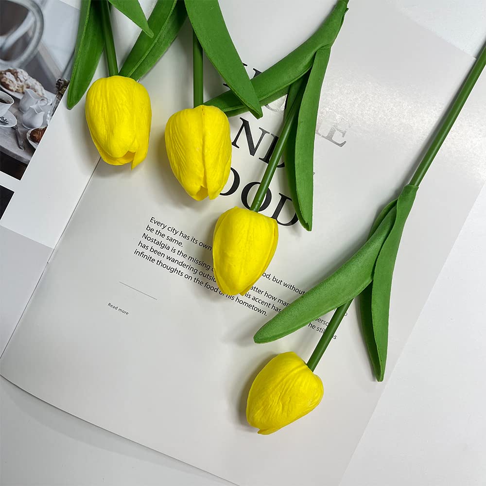 10 Pcs Realistic PU Touch Tulips Artificial Flowers - Yellow Fake Tulip Bouquets for Home, Office, Wedding Decor | Perfect for Centerpieces, Table Arrangements & Spring Party Decorations