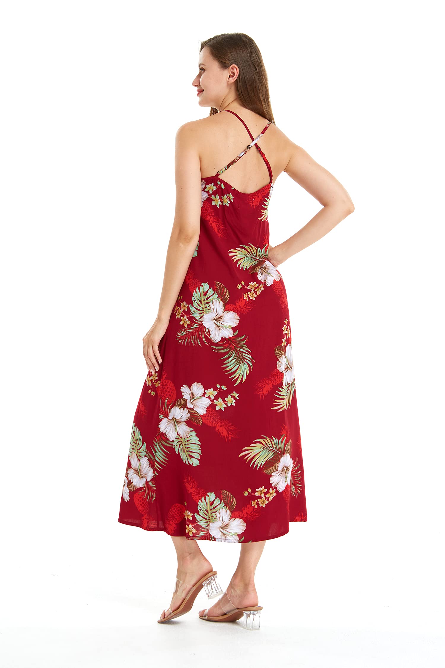 Women's Hawaiian Luau Pineapple Print Maxi Dress with Sweetheart Neckline - Navy Blue Tropical Summer Beach Party Outfit for Vacation & Poolside Gatherings