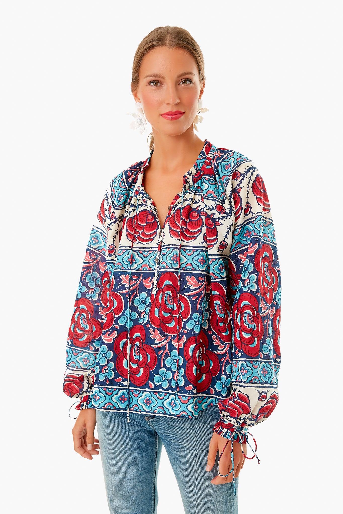 Blue Multi Floral Tie Sleeve Blouse for Women | Elegant Floral Print Tunic Top | Perfect for Office, Date Night & Spring Outfits