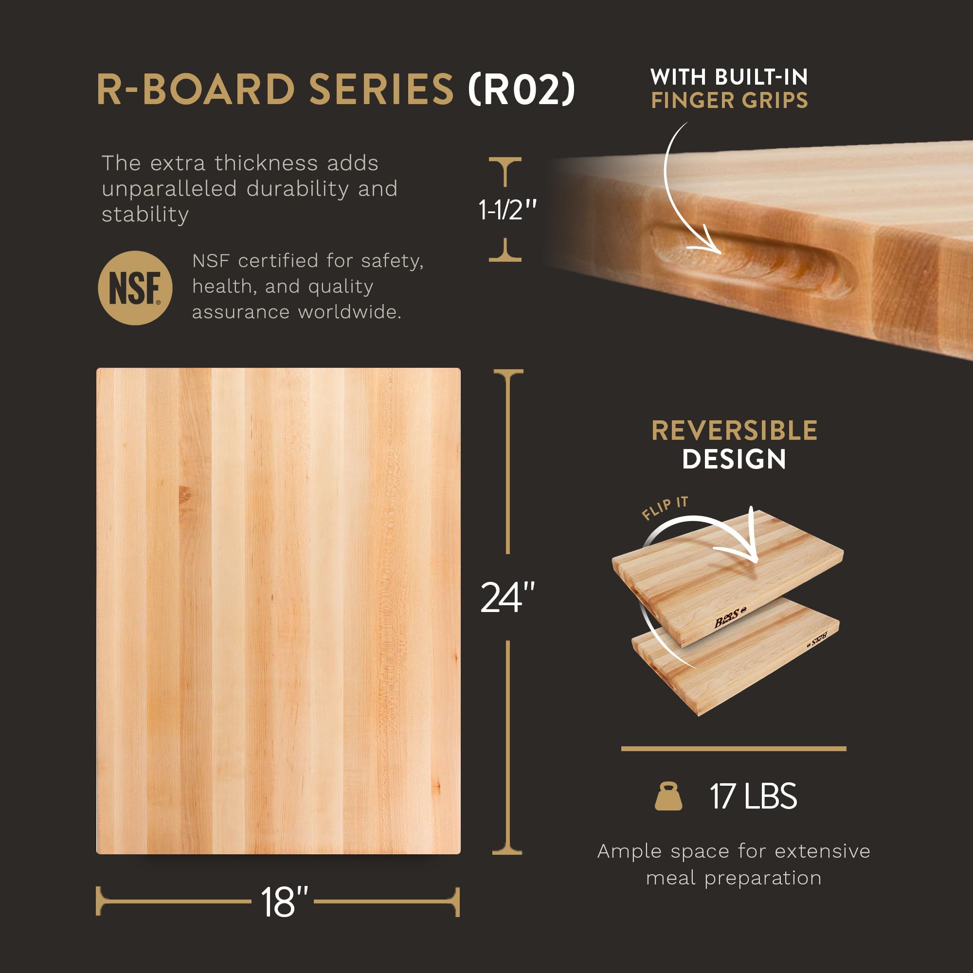 John Boos Maple Wood Reversible Cutting Board 24x18x1.5 Inch - Professional Grade Kitchen Chopping Block for Meat, Vegetables & Fruits - Perfect for Home Chefs & Restaurant Use