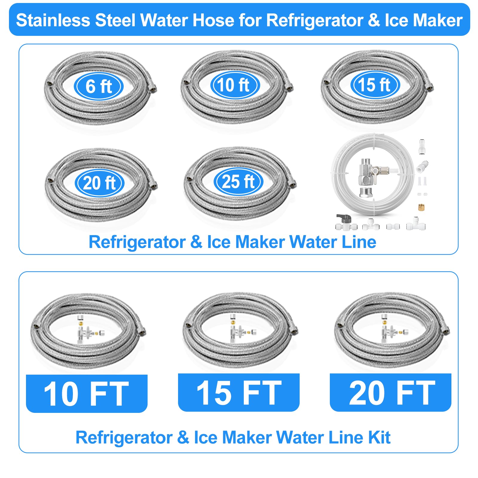 20FT Stainless Steel Braided Refrigerator Water Line Kit with Tee Stop Valve - Food Grade PEX Inner Tube, 1/4