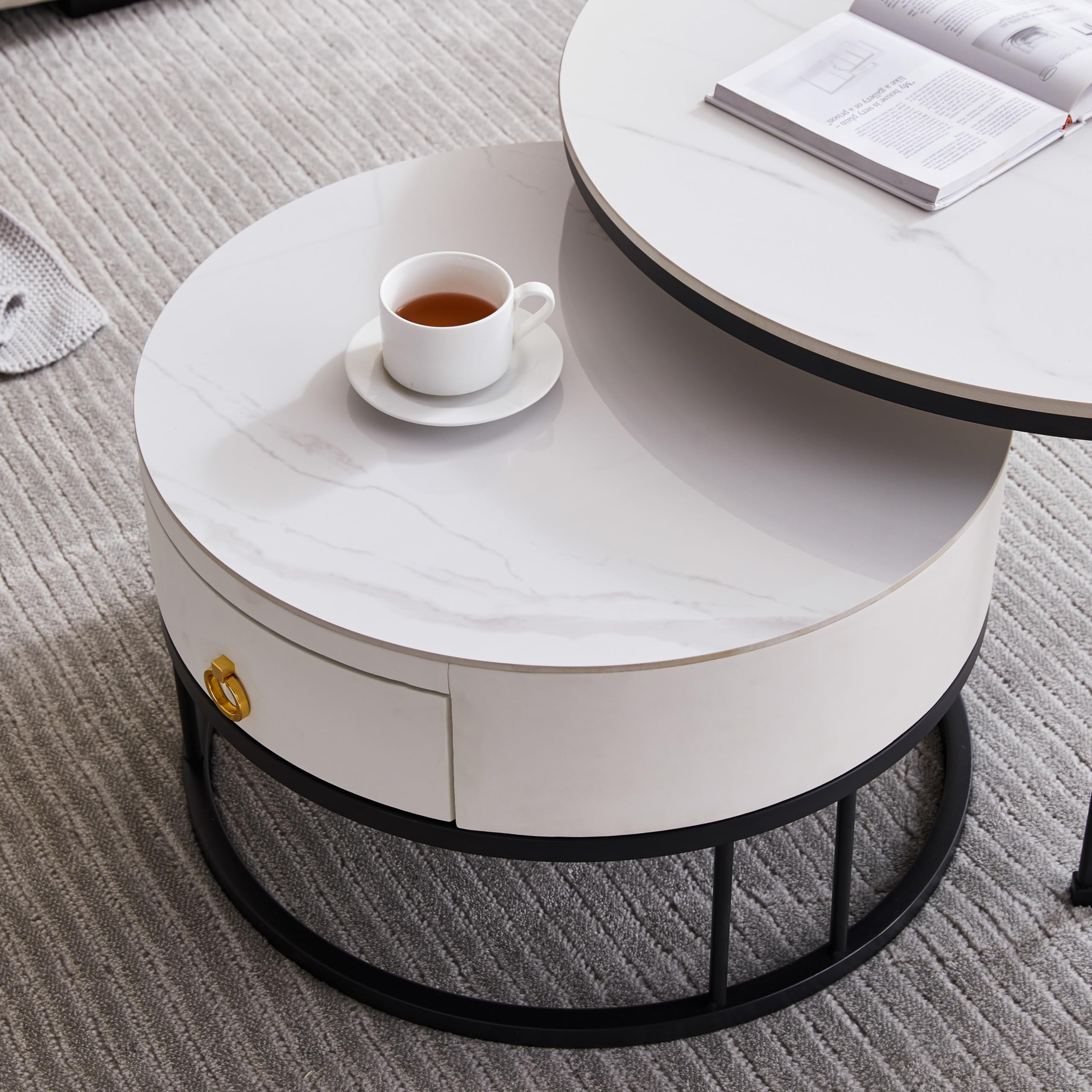 Modern Round Nesting Coffee Table Set of 2 with Sintered Stone Top & Metal Frame - Side End Tables with Hidden Storage Compartment for Living Room, Apartment, Office - Perfect for Small Spaces & Contemporary Home Decor