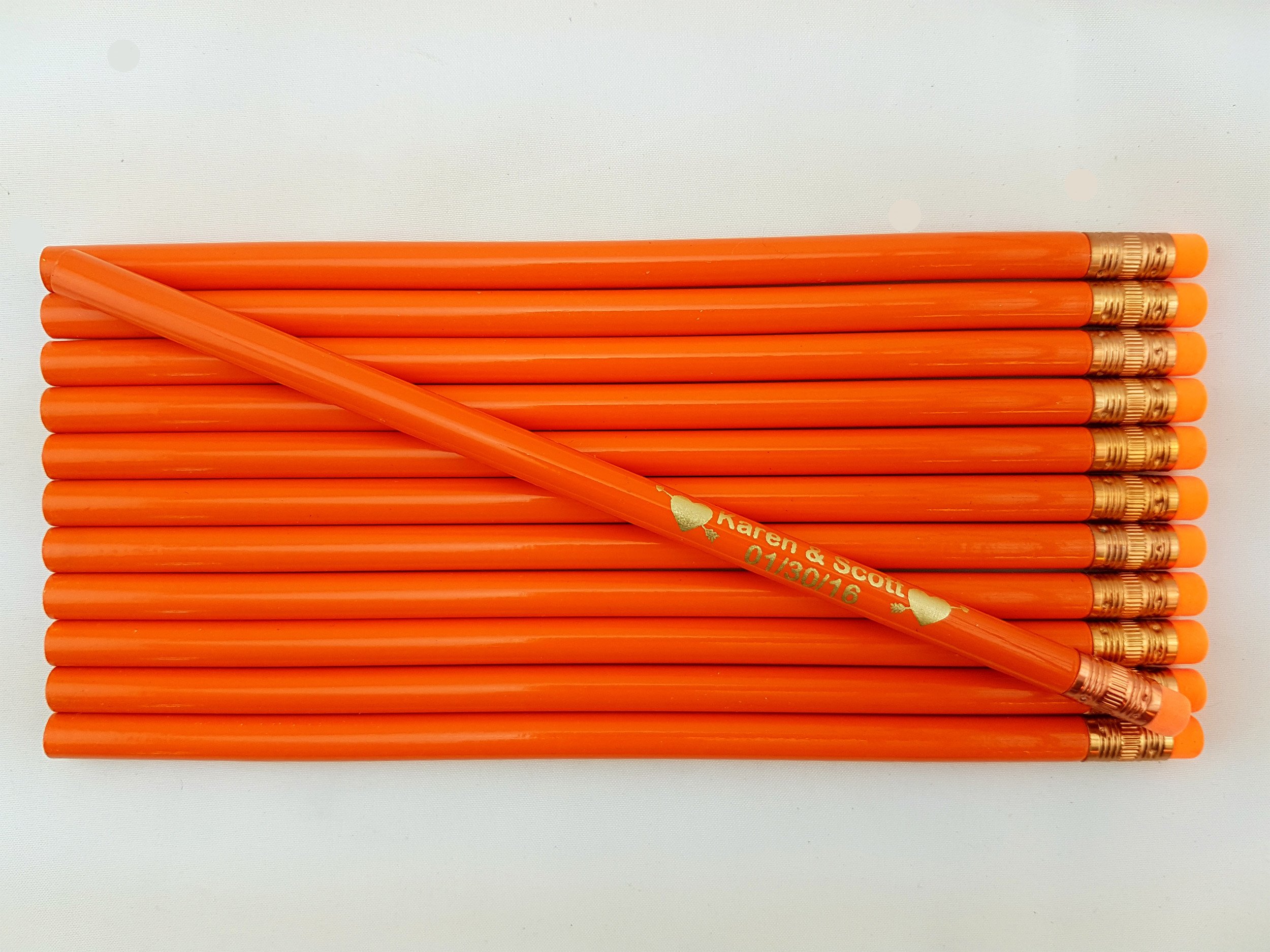Personalized Wedding Announcement Pencils - Custom Two-Line Engraved with Heart Arrows - Orange Round Pencils with Eraser (12-Pack) - Perfect for Wedding Favors, Bridal Showers & Thank You Gifts