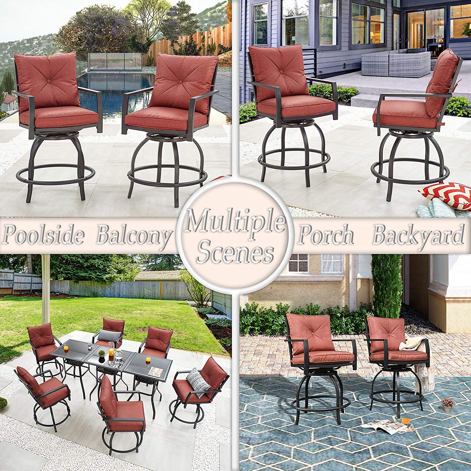 Swivel Bar Stools Set of 2 - Patio Height Bistro Chairs with Armrests, All-Weather Steel Frame for Outdoor Dining & Conversation (Red) - Perfect for Backyard, Deck, Garden, and Poolside Use
