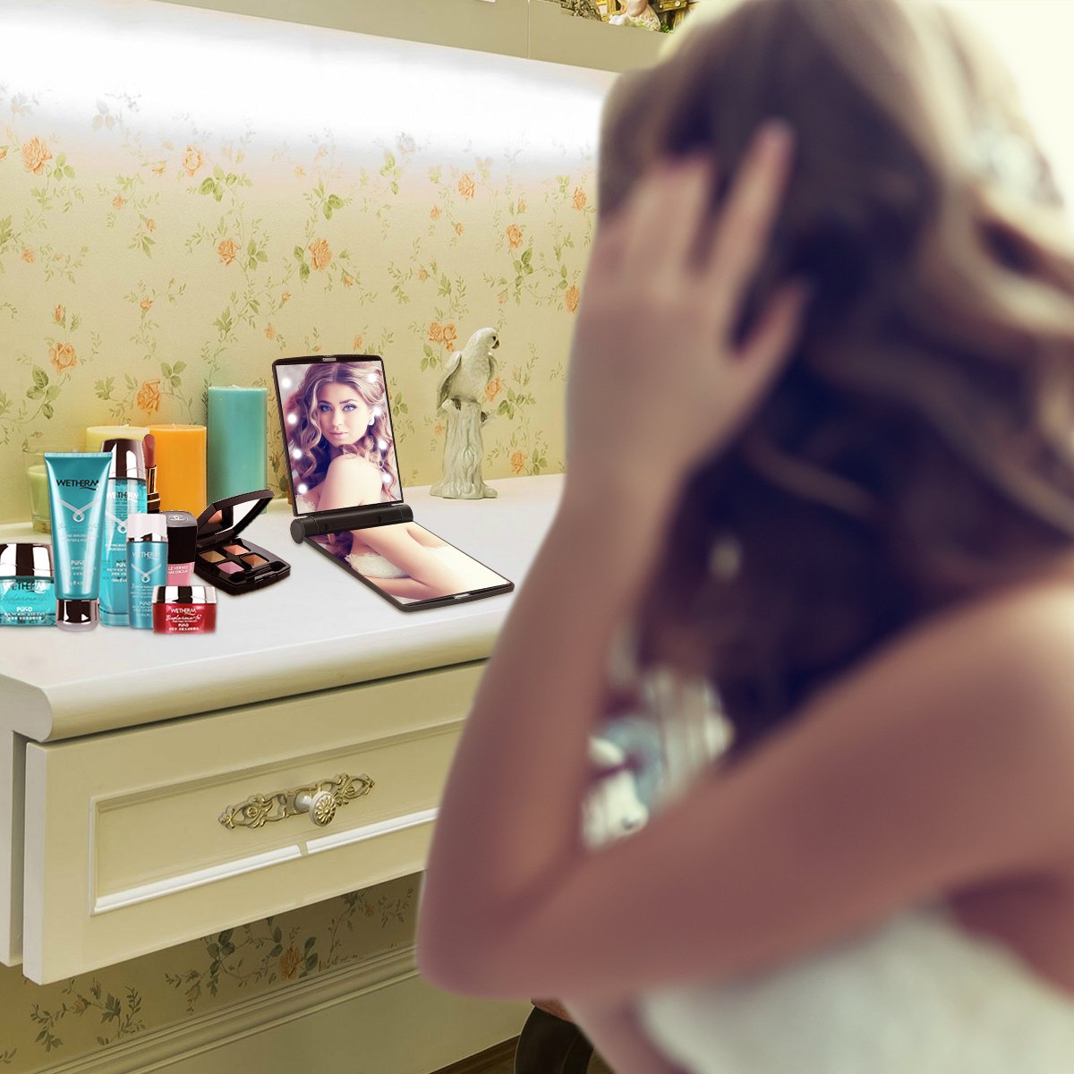 YUSONG Portable LED Makeup Mirror with Lights - Compact Travel Folding Mirror, Handheld Mini Pocket Mirror for Women, Perfect for Purse & On-the-Go Touchups (Black) - Ideal for Travel, Home Vanity & Professional Makeup Application