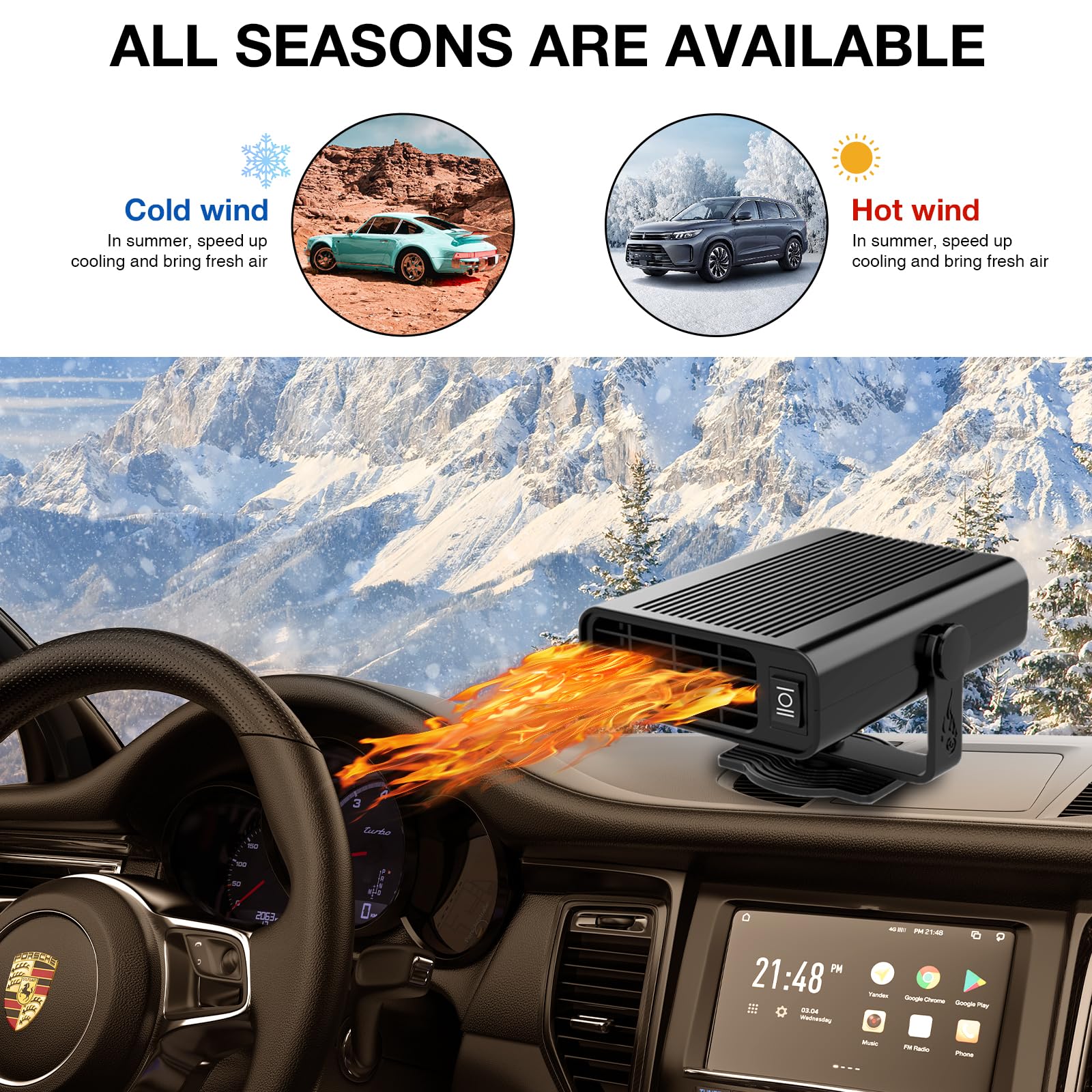 Upgraded Portable 12V 150W Car Heater & Cooler Fan - Dual Function Auto Defroster & Defogger for Windshield - Fast Heating/Cooling Ceramic Heater with Cigarette Lighter Plug (Premium Black) - Perfect for Winter Driving & Summer Road Trips
