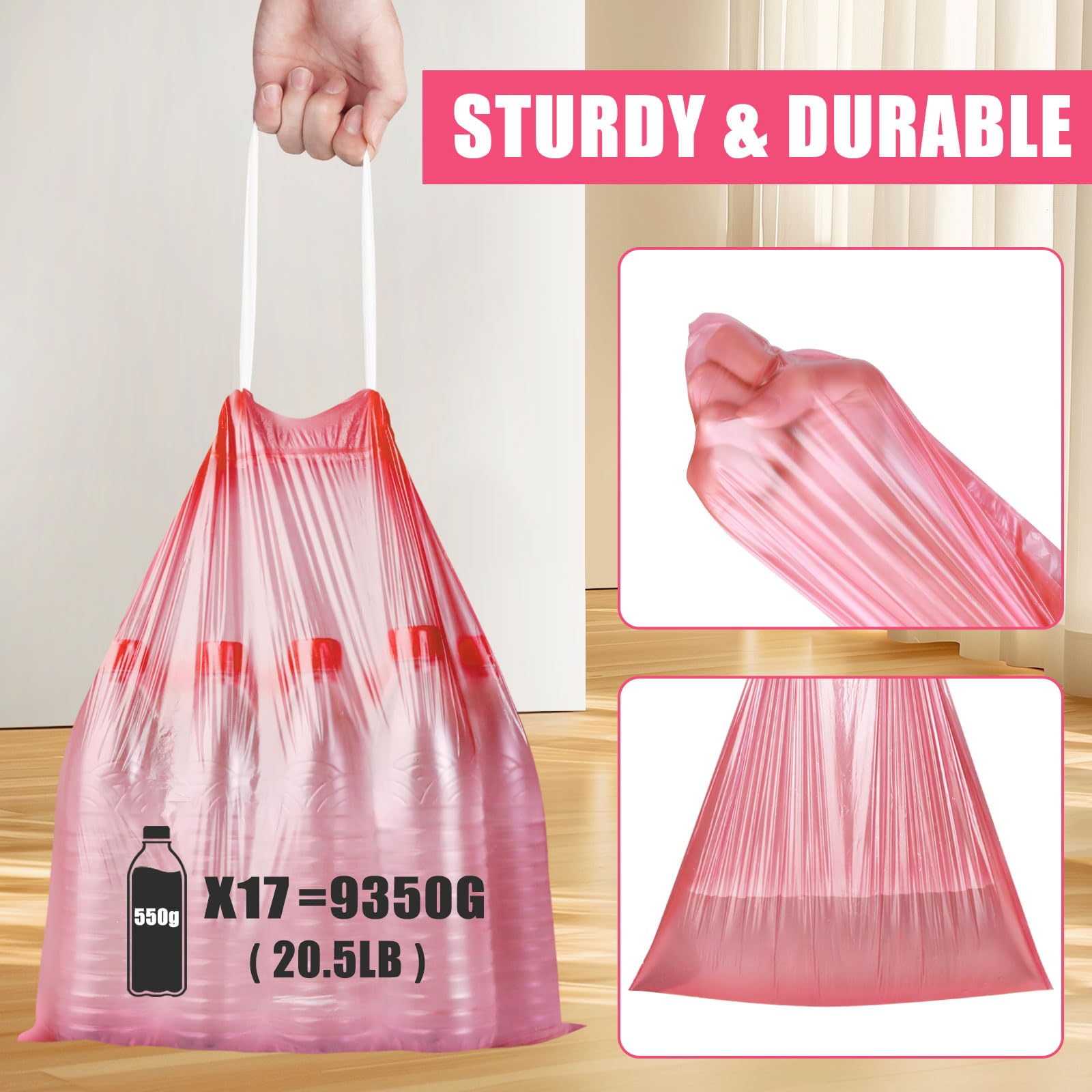 JUKFITA 4 Gallon Drawstring Trash Bags - 100 Count Extra Strong Small Garbage Bags | Unscented Trash Can Liners for Bathroom, Restroom, Office & Kitchen | Perfect for Small Bins, Wastebaskets & Mini Trash Cans (Red)