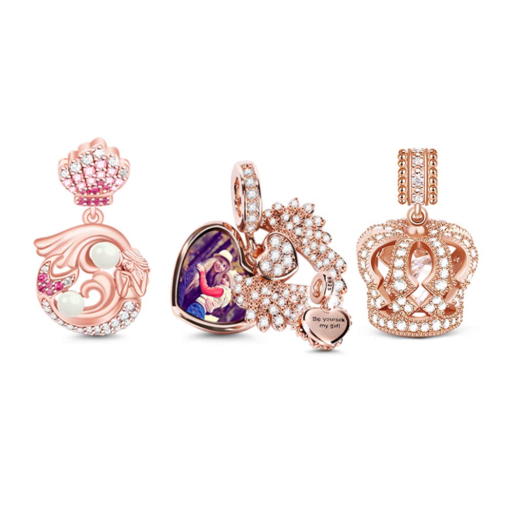 GNOCE Sterling Silver Rose Gold Angel Wing & Mermaid Crown Charm Set - Elegant Pendant for Bracelet & Necklace, Perfect Gift for Women | Ideal for Birthdays, Anniversaries & Special Occasions