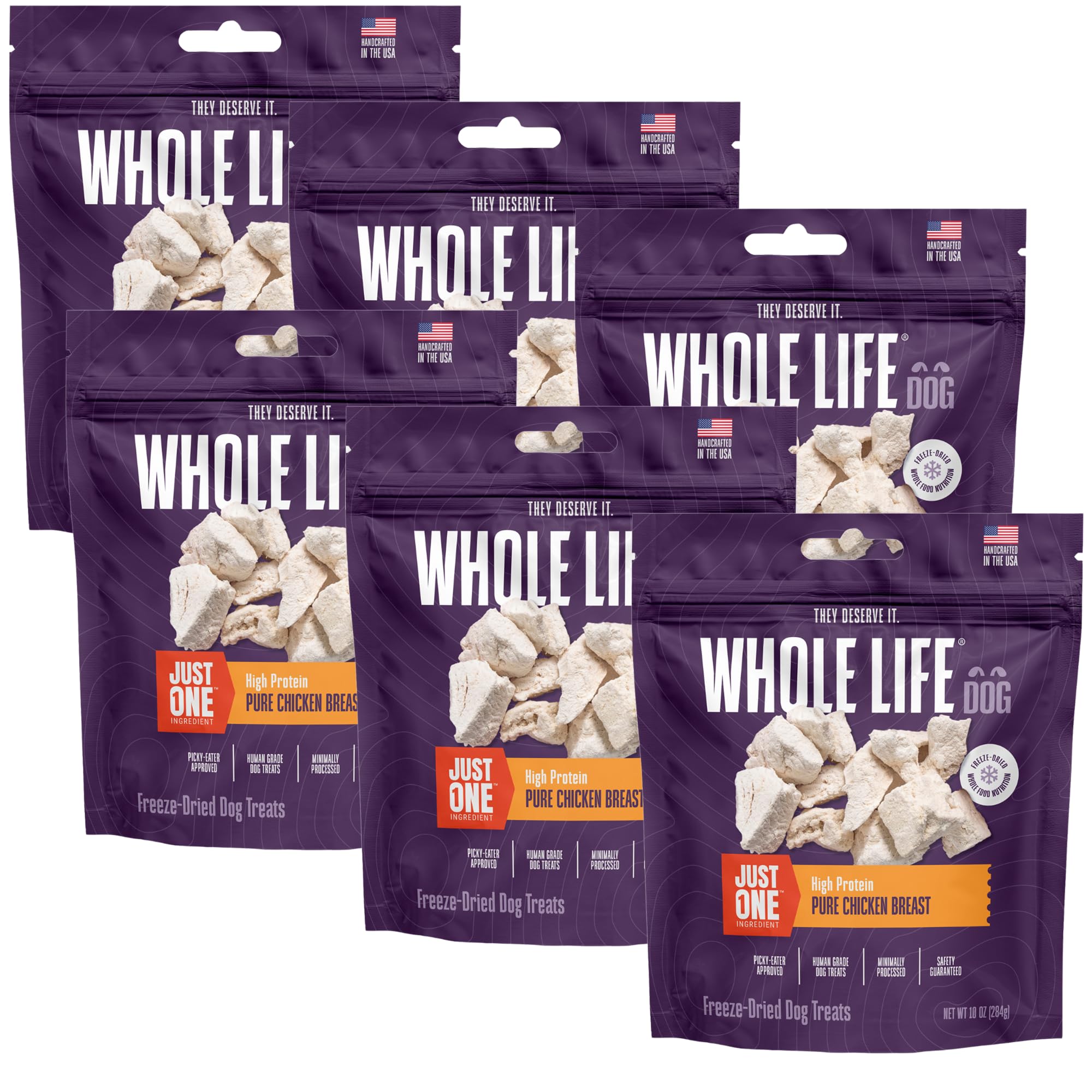 Whole Life Just One Chicken Freeze-Dried Dog Treats - Human-Grade High Protein Training Snacks, Natural Freeze-Dried Food Toppers for Dogs - USA Made Healthy Dog Food (10 oz, 6-Pack Value) - Perfect for Training, Rewards & Mealtime Enhancement