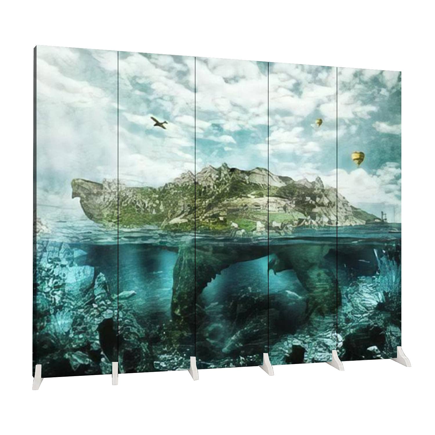 5-Panel Folding Room Divider - Ocean Turtle & Forest Landscape Canvas Privacy Screen - Freestanding Indoor Partition for Bedroom, Office, Yoga Studio & Nursery