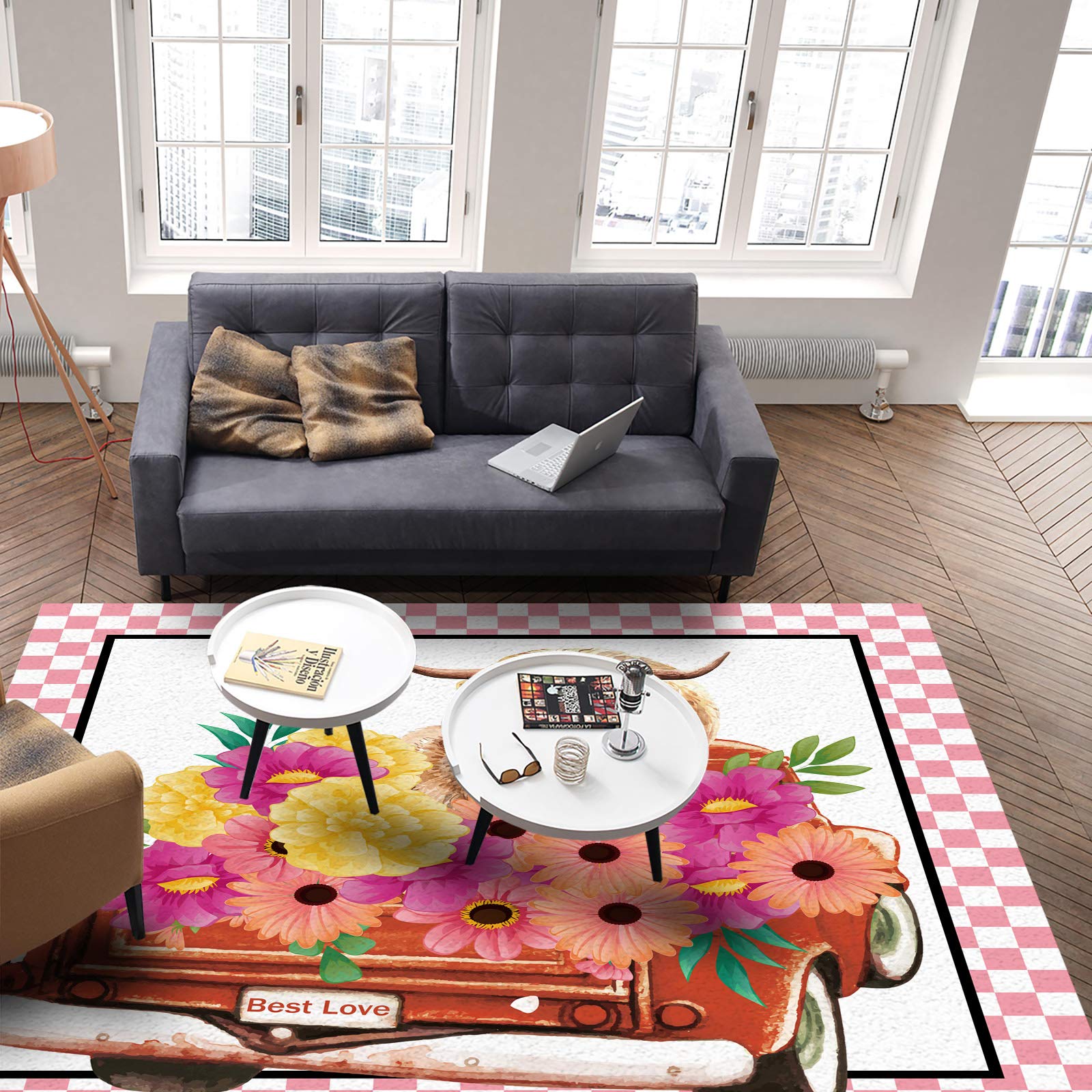 4'x7' Washable Area Runner Rug - Happy Mother's Day Floral Design for Indoor/Outdoor Use in Kitchen, Living Room, Bathroom, Bedroom, Classroom & Laundry Room - Farm Animal Cow Pink Buffalo Check Border Decor Rug