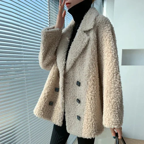 AYUNSUE Women's Short Real Sheep Shearling Coat - Winter Wool Jacket with Fur Trim, Korean Style Casual Outerwear for Women - Perfect for Cold Weather, Daily Wear, and Fashion Outfits
