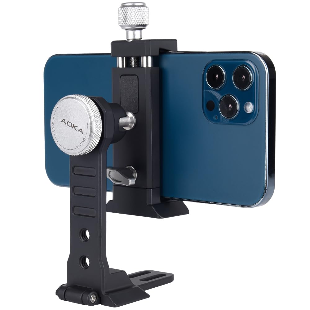 AOKA Metal Phone Tripod Mount - Arca Compatible Base with Cold Shoe | 360° Swivel & 180° Tilt Adjustable | Multiple 1/4