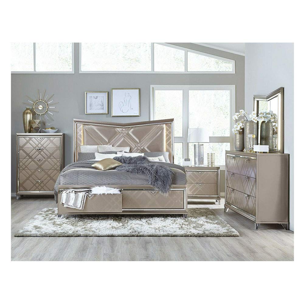 4-Piece Faux Leather Champagne LED King Size Bedroom Set with Nightstand, Dresser & Mirror - Solid Hardwood Furniture for Luxurious Bedroom Decor | Perfect for Master Suites, Guest Rooms & Modern Home Staging