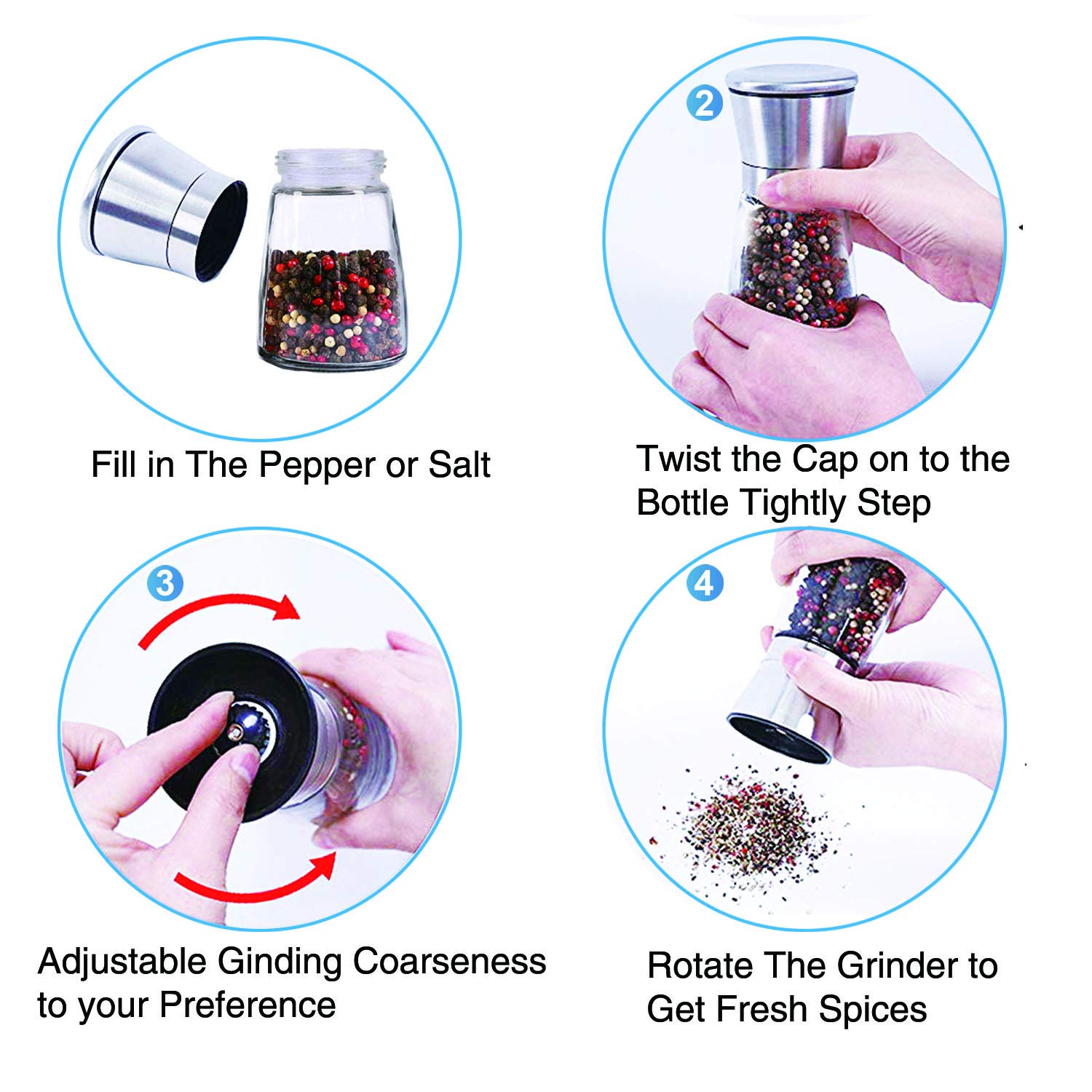 Premium Salt and Pepper Grinder Set of 2 - Adjustable Ceramic Mill with Stainless Steel Stand & Glass Body - Refillable Spice Grinders for Kitchen, Dining Table & Gourmet Cooking