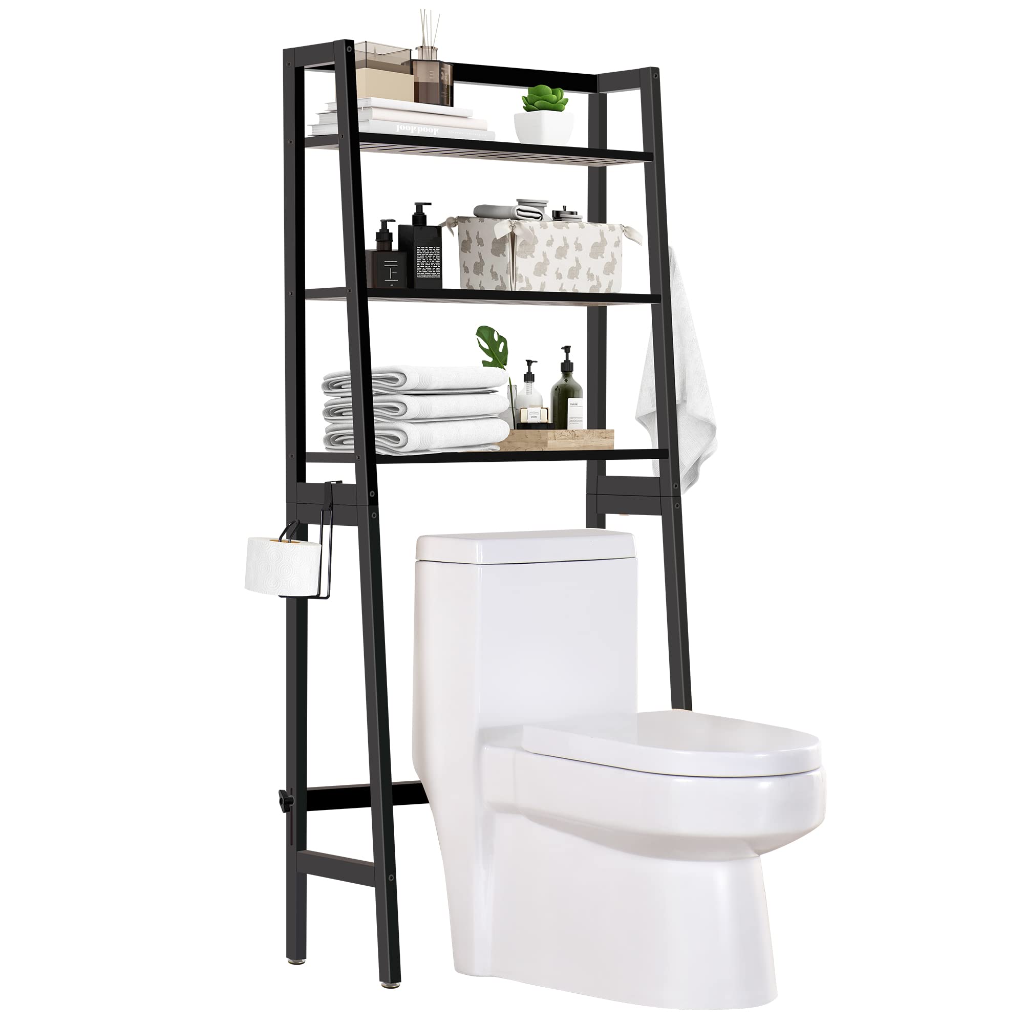 3-Tier Over-The-Toilet Storage Shelf Organizer - 100% Solid Wood Bathroom Space Saver with Easy Assembly (Black) - Perfect for Small Bathrooms, Apartments & Dorm Rooms