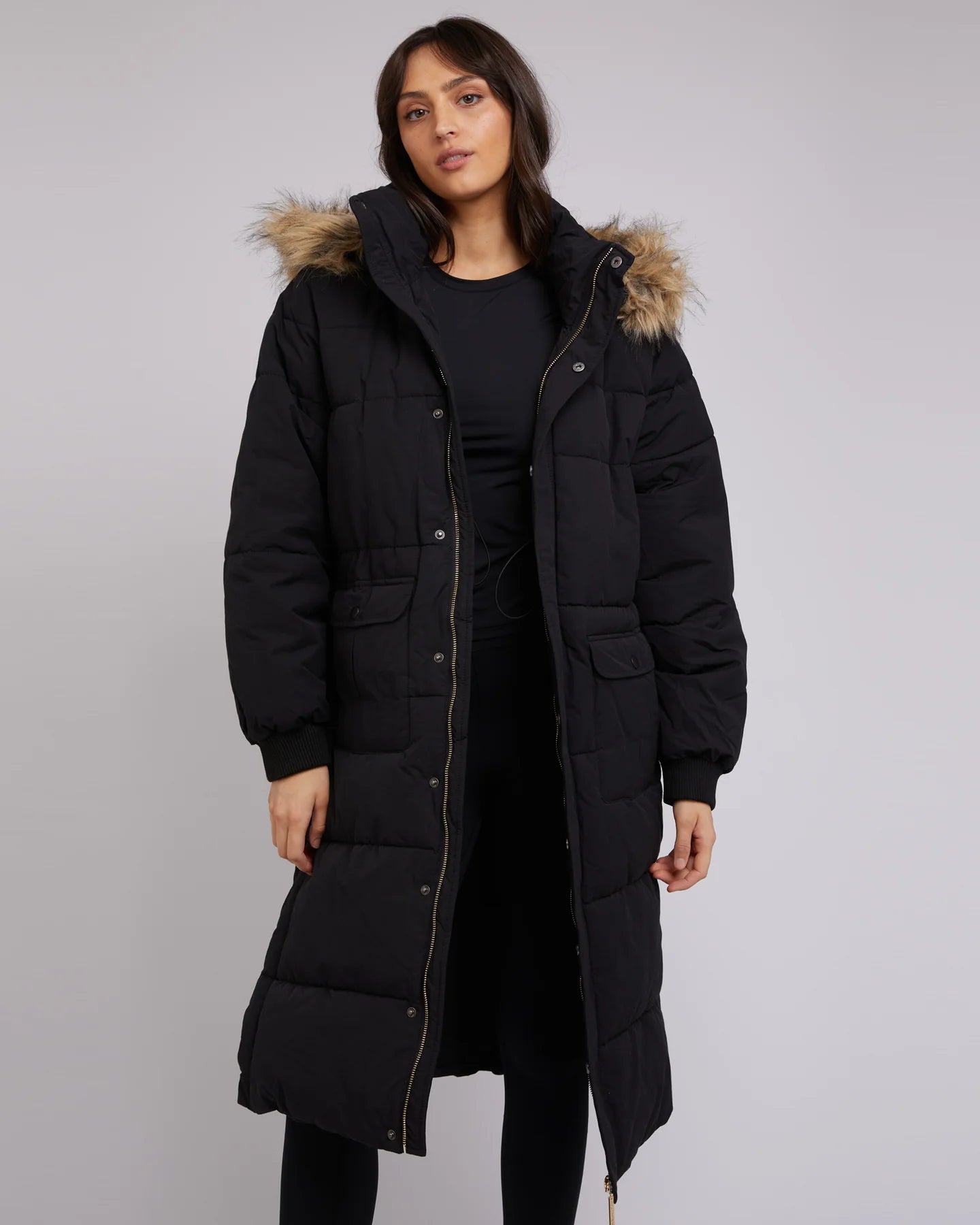 Active Fur Longline Puffer Jacket for Women - Black Winter Coat for Outdoor Activities, Hiking & Casual Wear