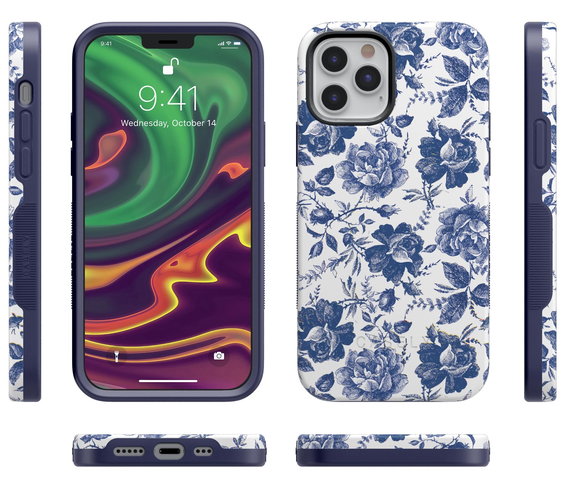 Casely iPhone 12/12 Pro Floral Phone Case - Rose to Fame Coquette Design | Blue & White Rose Pattern | Slim Protective Cover for Women | Perfect for Everyday Use & Gift Giving