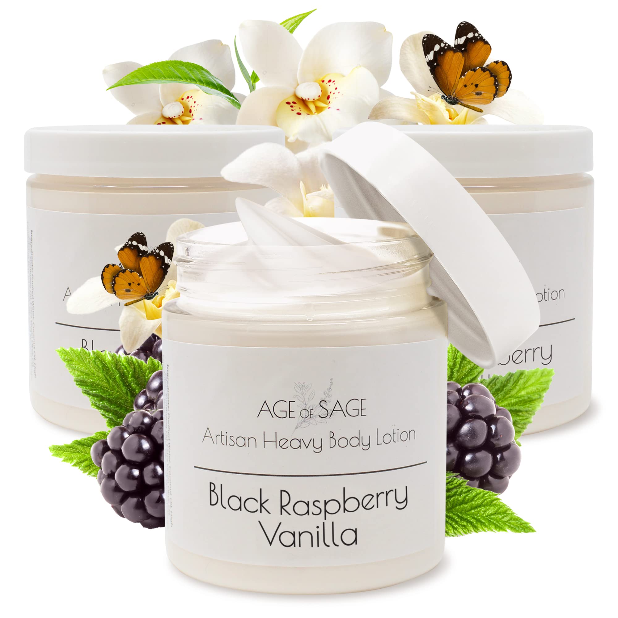 **Organic Shea Butter Body Lotion with Coconut & Sunflower Oils - Deep Moisturizing Cream for Dry Skin, Raspberry Vanilla Scent, 8 oz Jars (3-Pack) - Perfect Gift for Women, Birthday & Self-Care Routine**