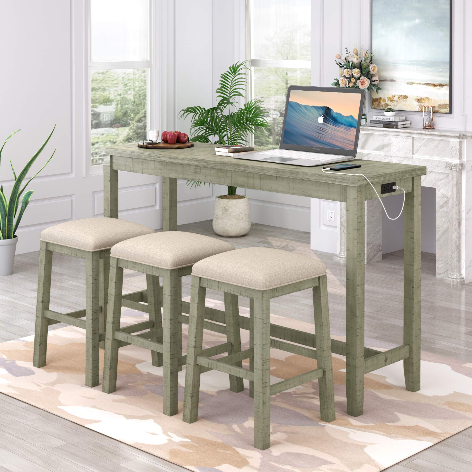 4-Piece Rustic Counter Height Table Set with Fabric Padded Stools, Multi-Purpose Bar Dining Table with Built-in Charging, Perfect for Kitchen, Living Room, and Small Spaces