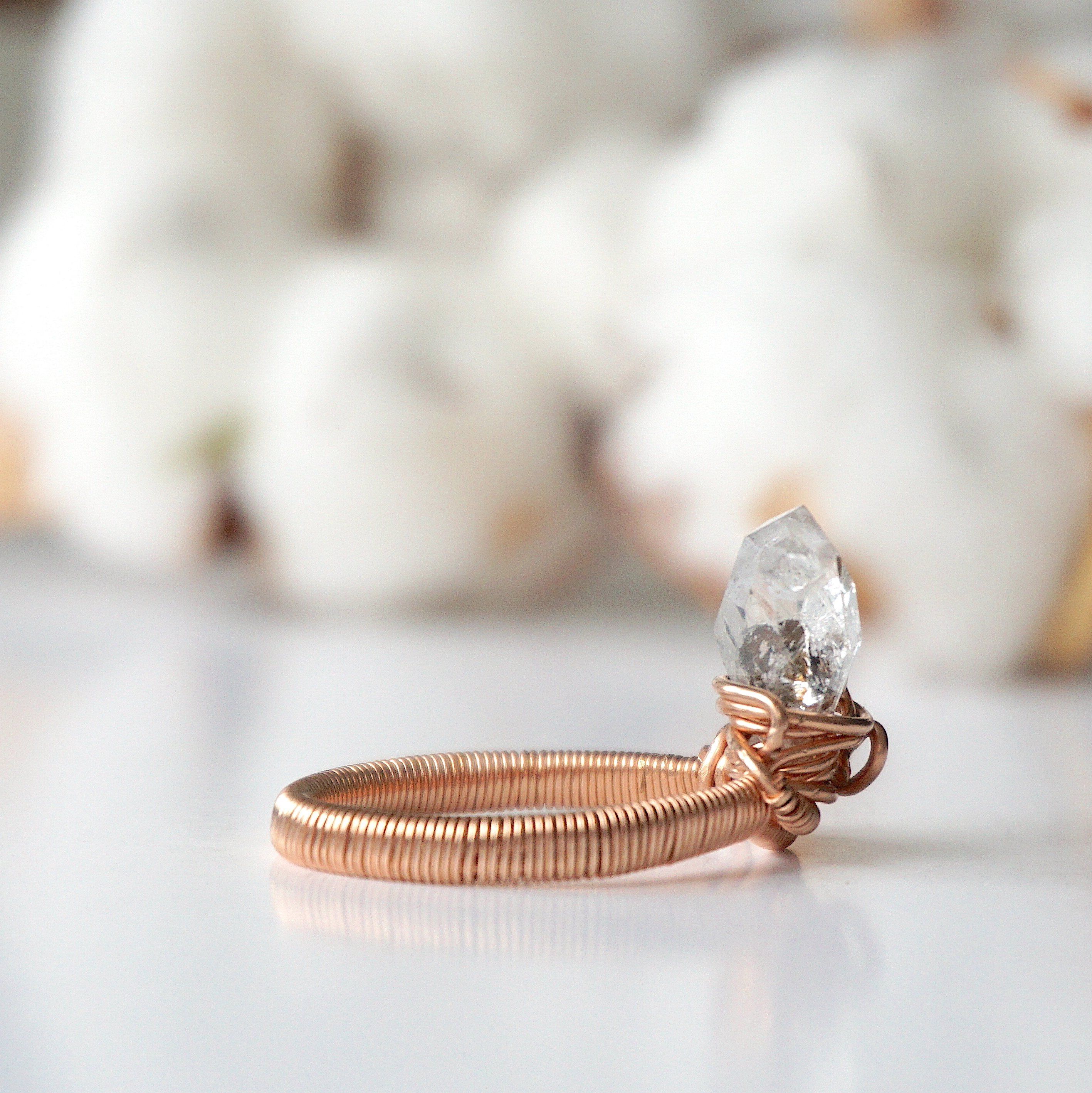 14K Rose Gold Herkimer Diamond Ring - Raw Natural Gemstone Jewelry for Women, Elegant Handmade Engagement & Wedding Band, Perfect for Everyday Wear & Special Occasions