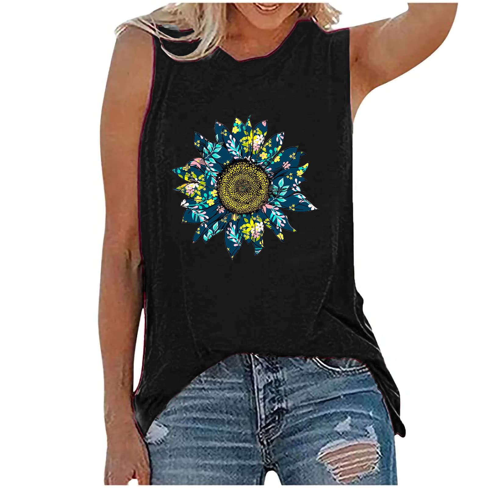 Women's Sunflower Print Loose Tank Top - Casual Basic Summer Tops for Women | Sexy & Comfortable for Beach, Yoga & Everyday Wear