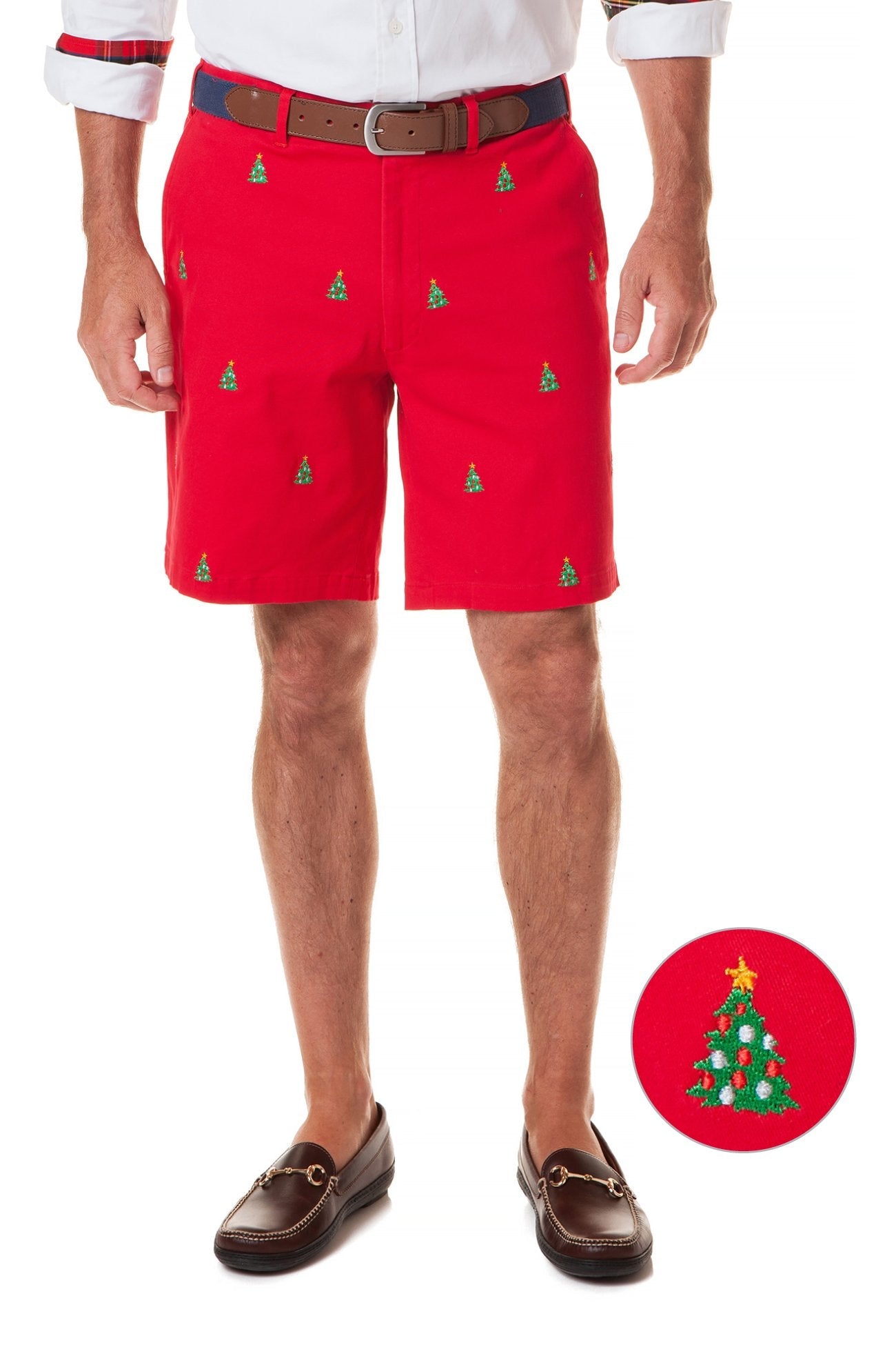 Cisco Short Stretch Twill Bright Red Christmas Tree Pattern Pants - Perfect for Holiday Parties & Festive Office Wear