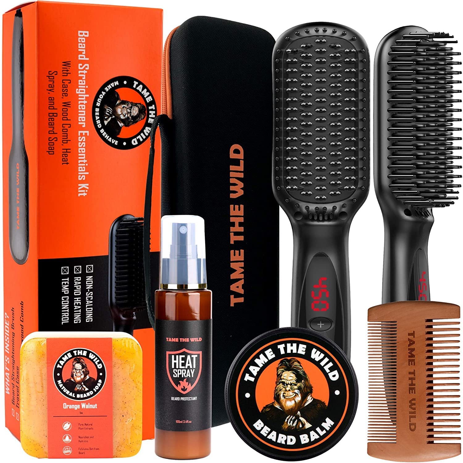 Tame The Wild Pro Beard Grooming Kit for Men - Heated Beard Straightener with 12 Temperature Settings, Heat Protectant Spray, Beard Soap, Balm, Comb & Travel Case - Perfect Gift Set for Home, Travel & Professional Styling