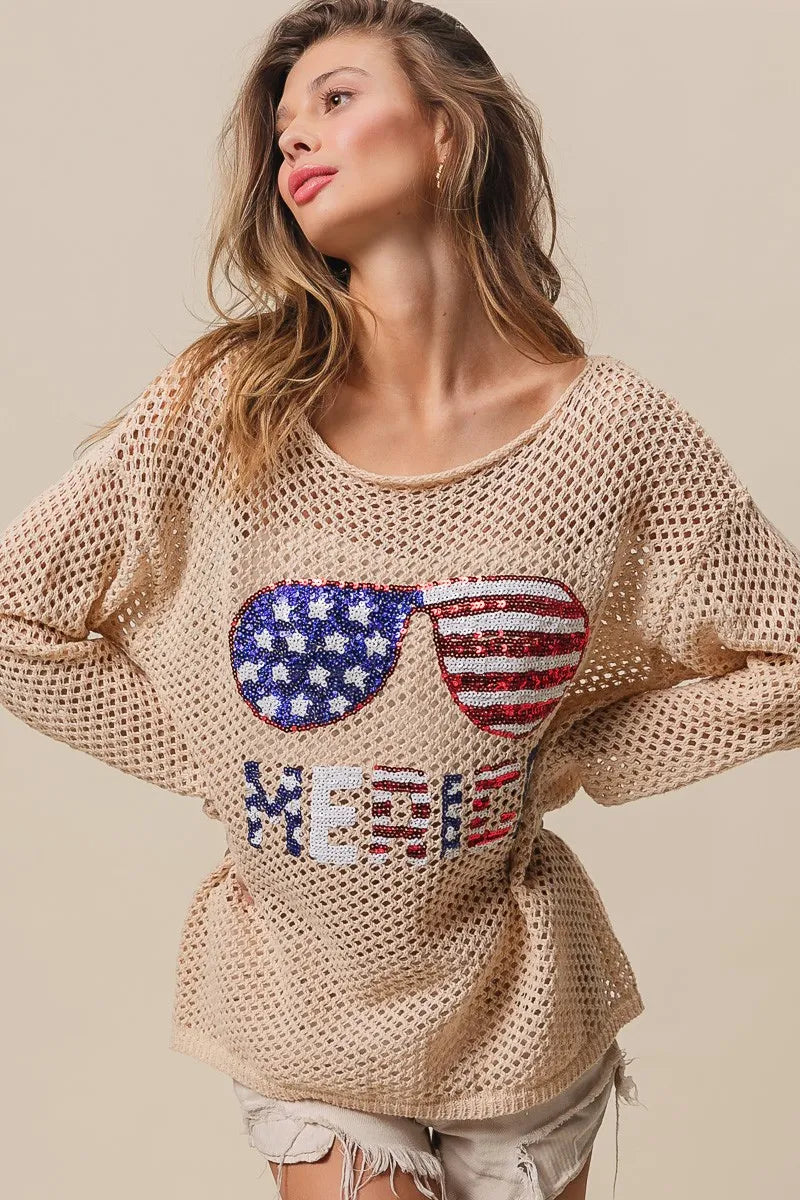 BiBi Sequin American Flag Sunglasses - Patriotic Fashion Knit Glasses for Women & Men - Perfect for 4th of July, Beach Parties & Festivals