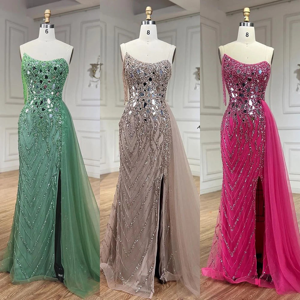 Elegant Green Mermaid Evening Gown with Spaghetti Straps & High Slit - Beaded Sequined Party Dress for Women 2025 | Perfect for Prom, Gala & Formal Events - LA72212