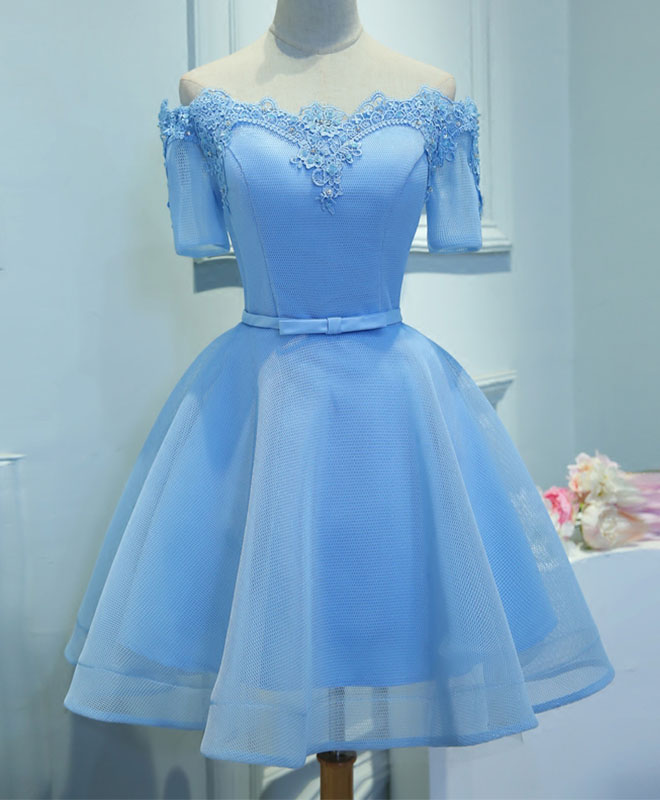 Elegant Blue A-Line Tulle Short Sleeve Lace Prom Dress | Cute Homecoming Party Gown | Perfect for Prom Night, Homecoming Dance & Special Occasions