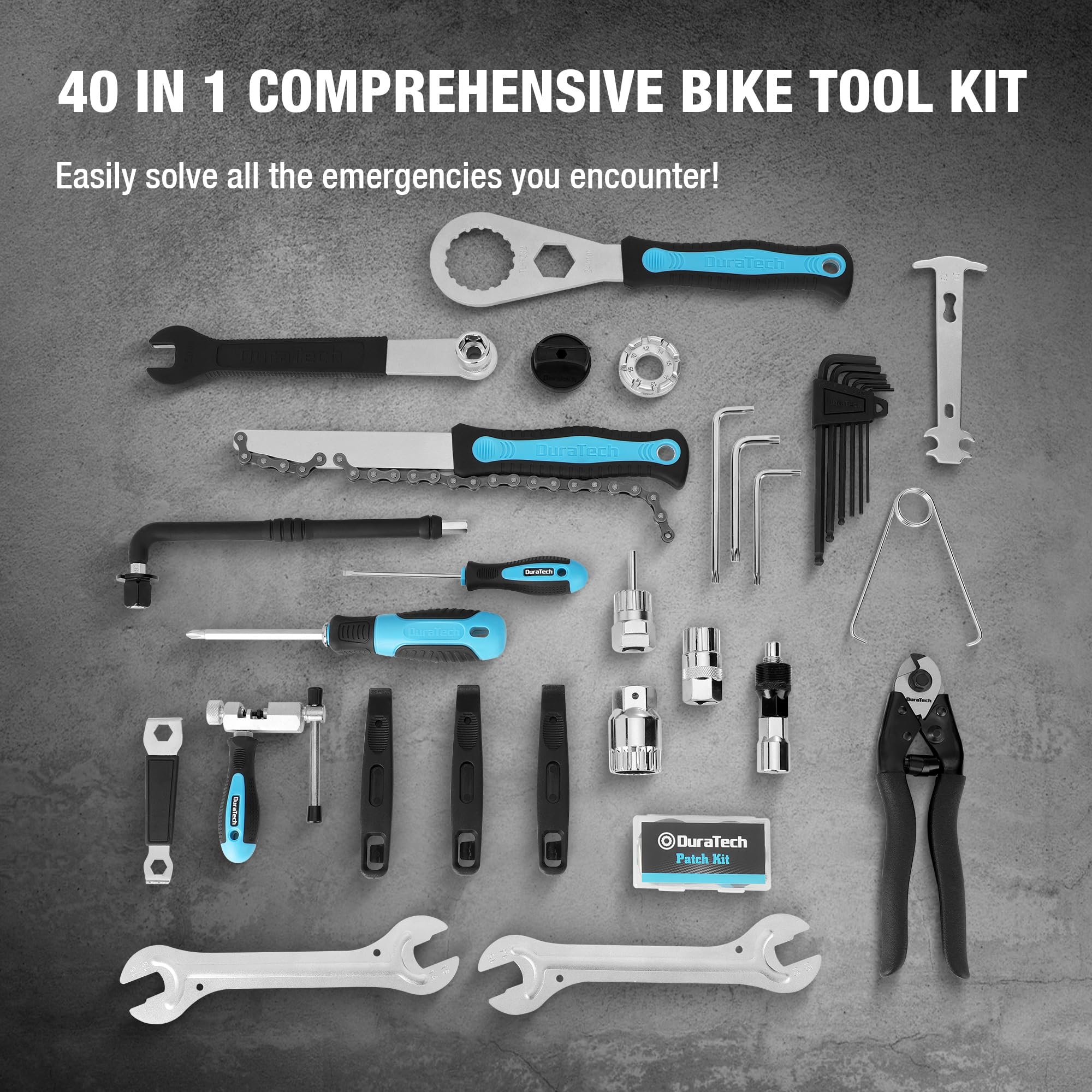 DURATECH Bike Repair Kit - 42-Piece Bicycle Tool Kit with Portable Carry Case for Tire, Brake, Chain & Pedal Maintenance - Essential Mountain & Road Bike Accessories - Perfect Gift for Cyclists (Men & Women) - Ideal for Trail Rides, Commuting & Home Bike Repairs