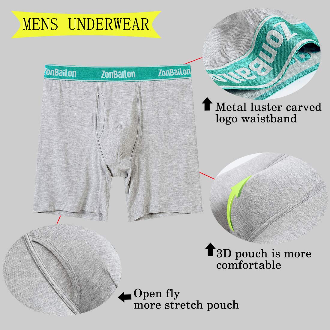 **ZONBAILON Men's Boxer Briefs with Open Fly & Bulge Pouch - Soft Cotton Underwear for Comfort & Support - Perfect for Daily Wear, Workout & Sleep**