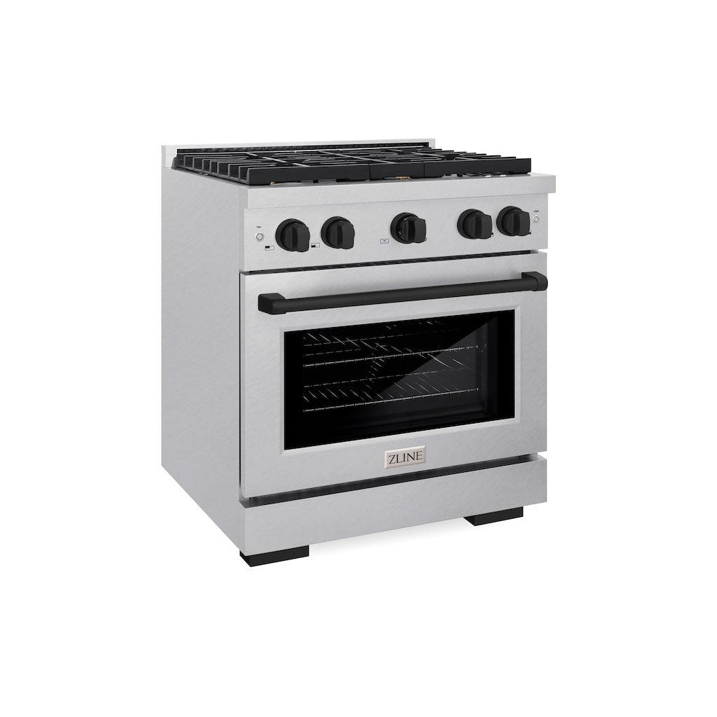 ZLINE Autograph Edition 30-inch 4.2 cu. ft. Gas Range with 4 Burner Cooktop & Convection Oven - Satin Stainless Steel with Matte Black Accents (SGRSZ 30 MB) - Perfect for Modern Kitchens, Home Chefs & Professional Cooking