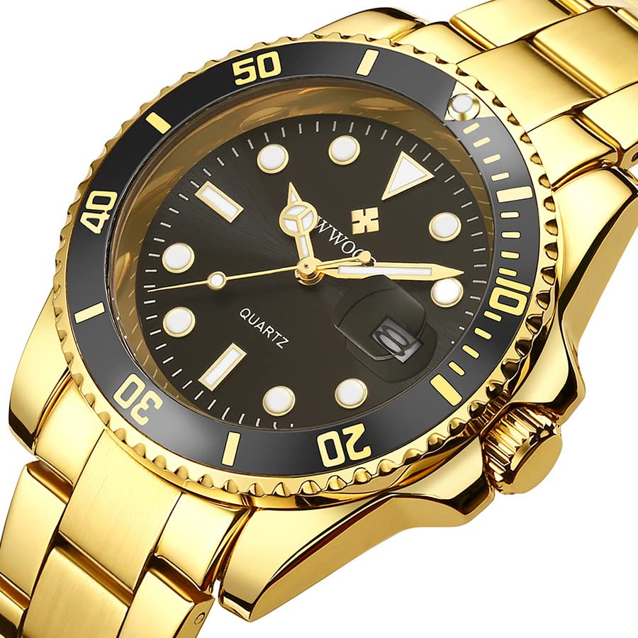 MASTOP Men's Rotatable Bezel Blue Dial Luminous Watch - Gold Stainless Steel Band Waterproof Analog Quartz Wristwatch for Diving, Swimming & Outdoor Activities