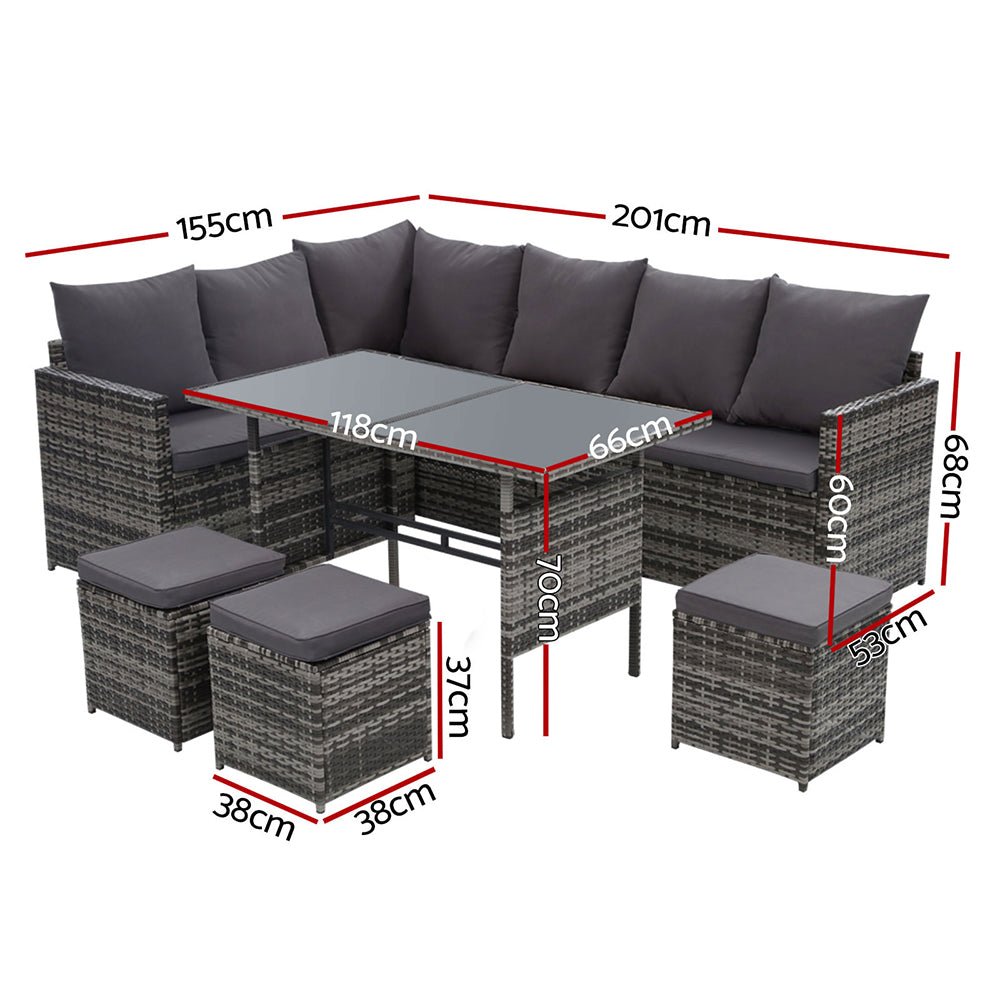 9-Seat Wicker Outdoor Patio Furniture Set with Storage Cover - Mixed Grey Color - Perfect for Backyard, Garden, Poolside & Terrace Relaxation